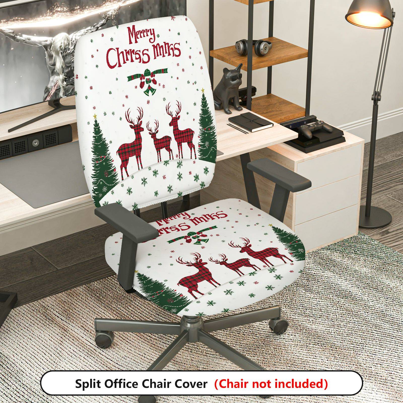 2-Piece Christmas Reindeer Snowflake Tree Plaid  Computer Chair Cover Set, Seat and Backrest