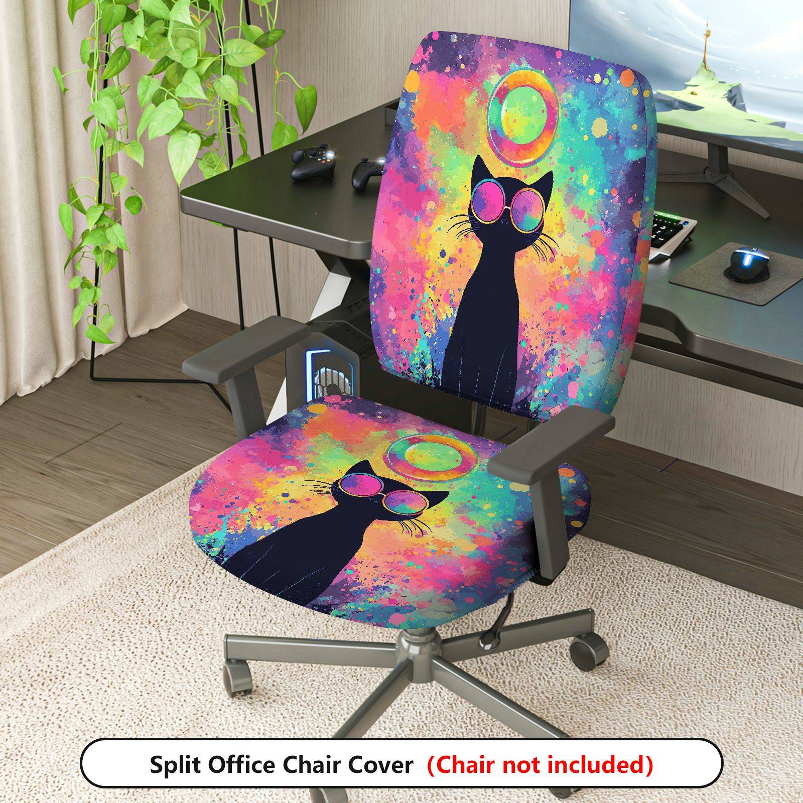 2-Piece Colorful Cat Funky Artistic Stylish  Computer Chair Cover Set, Seat and Backrest