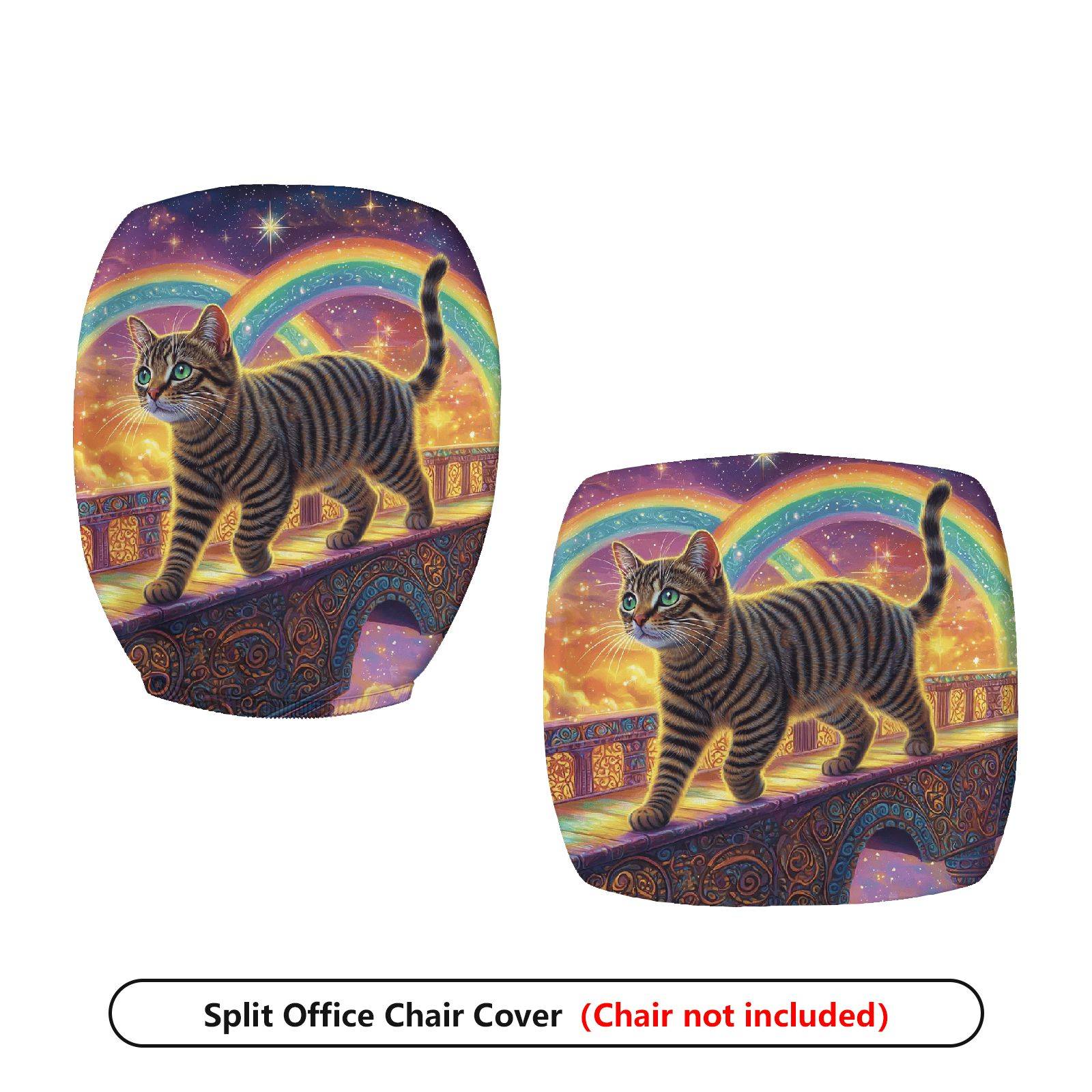 2-Piece Rainbow Starry Night Cat Fantasy Bridge  Computer Chair Cover Set, Seat and Backrest