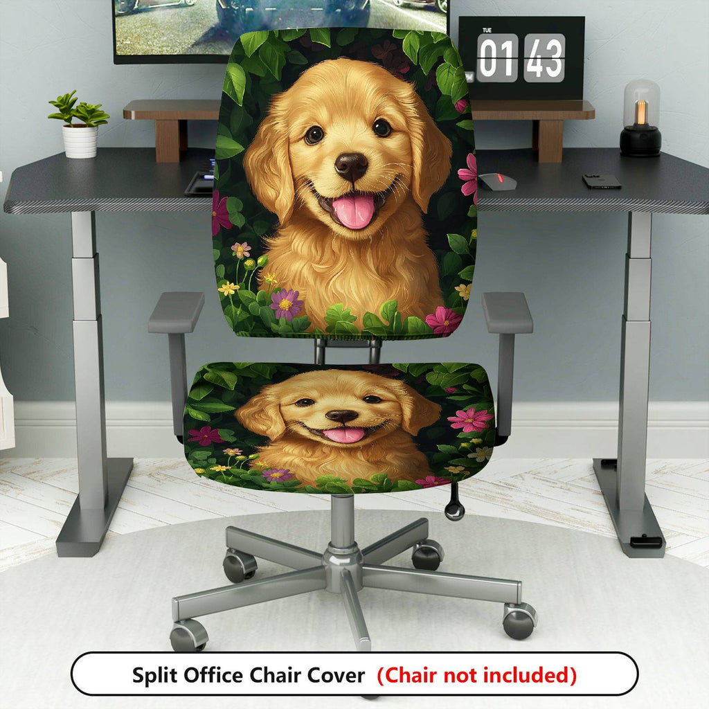 2-Piece Dog Floral Nature Green Pink  Computer Chair Cover Set, Seat and Backrest