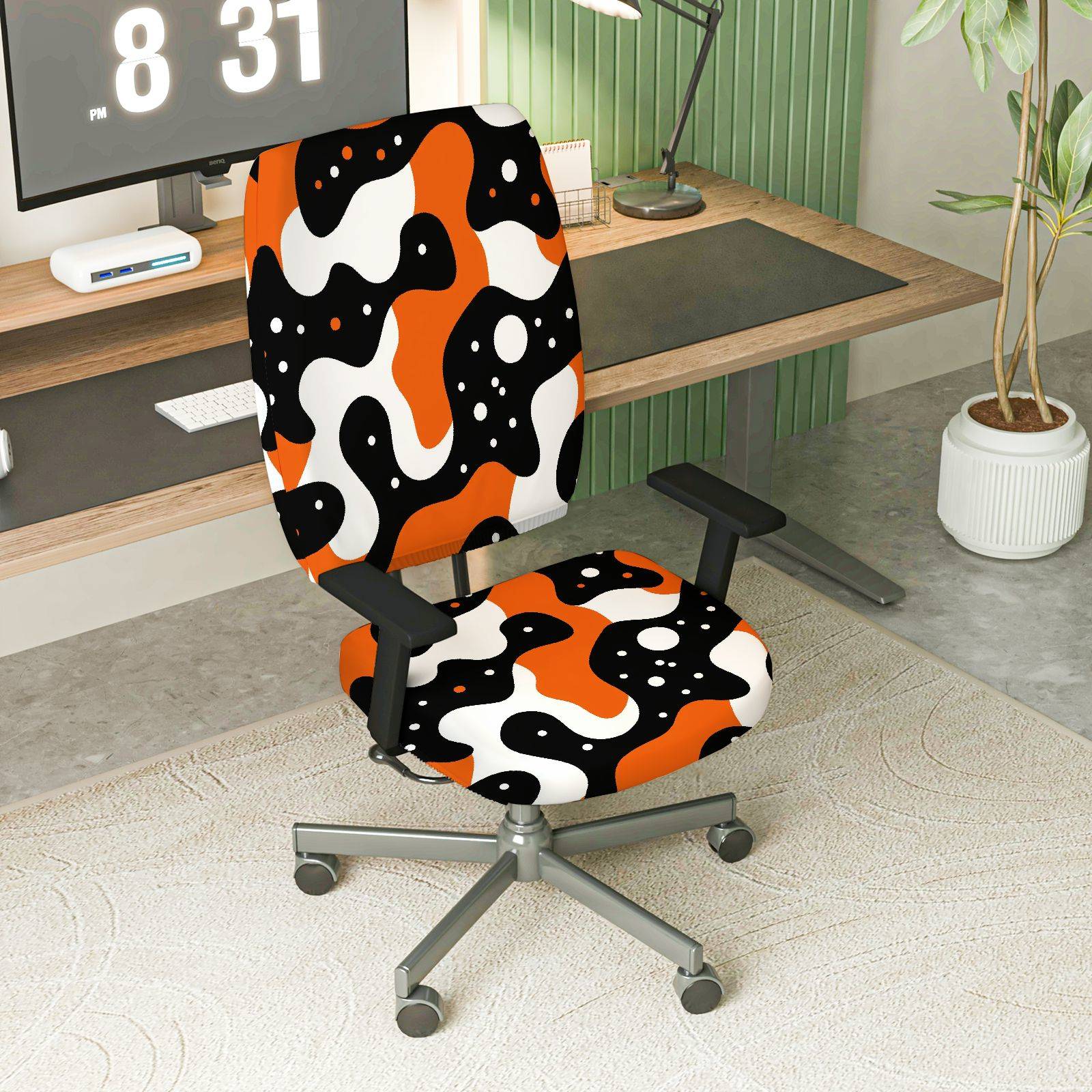 2-Piece Abstract Geometric Modern Art Style Orange Black White  Computer Chair Cover Set, Seat and Backrest