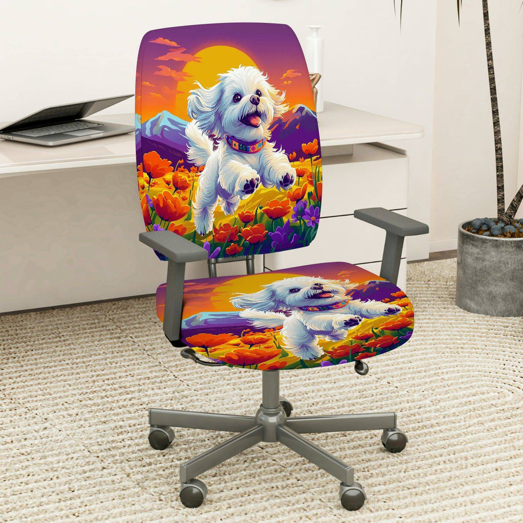 2-Piece Cute Dog Mountain Sunset Flowers Colorful  Computer Chair Cover Set, Seat and Backrest
