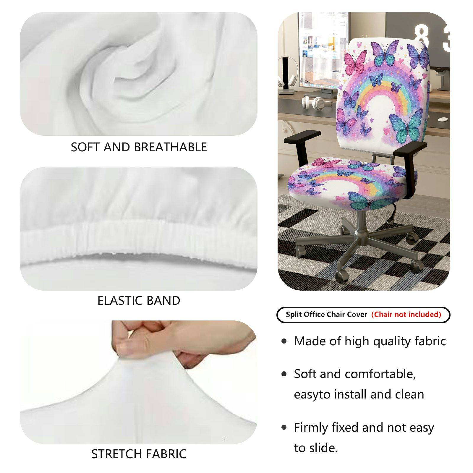 2-Piece Butterfly Rainbow Colorful Pattern Cute Decorative  Computer Chair Cover Set, Seat and Backrest