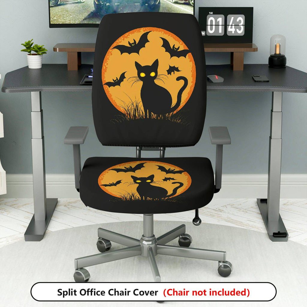 2-Piece Halloween Black Cat Bat Moon Orange  Computer Chair Cover Set, Seat and Backrest
