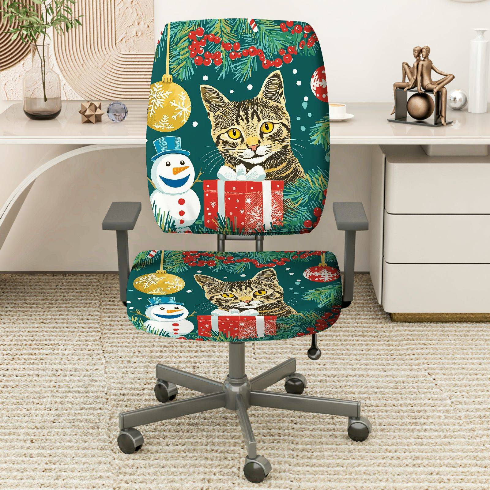 2-Piece Christmas Cat Snowman Gift Holiday  Computer Chair Cover Set, Seat and Backrest