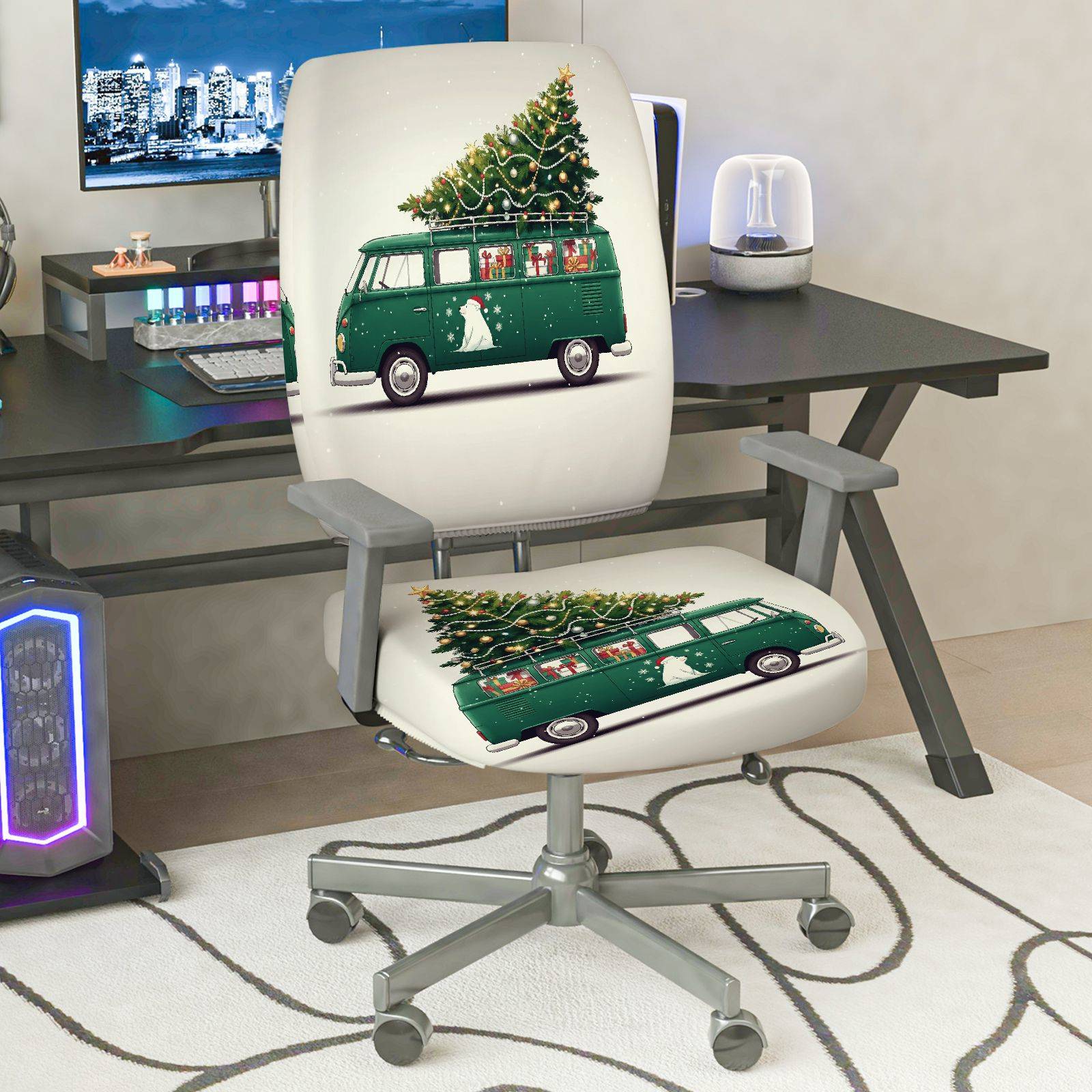 2-Piece Christmas Holiday Vintage Car Tree Dog Snow  Computer Chair Cover Set, Seat and Backrest