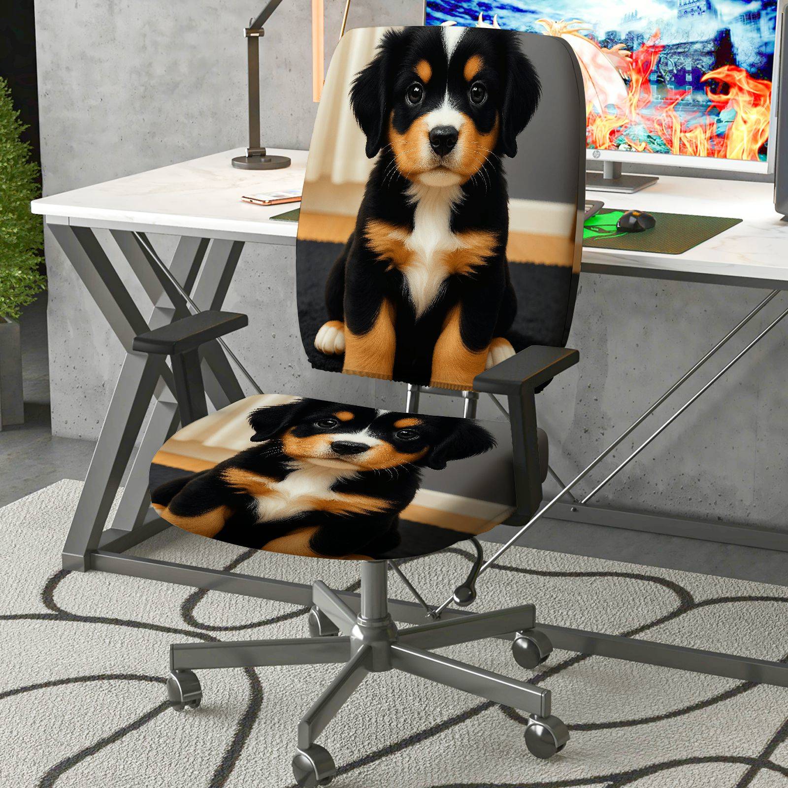 2-Piece Adorable Puppy Animal Design  Computer Chair Cover Set, Seat and Backrest