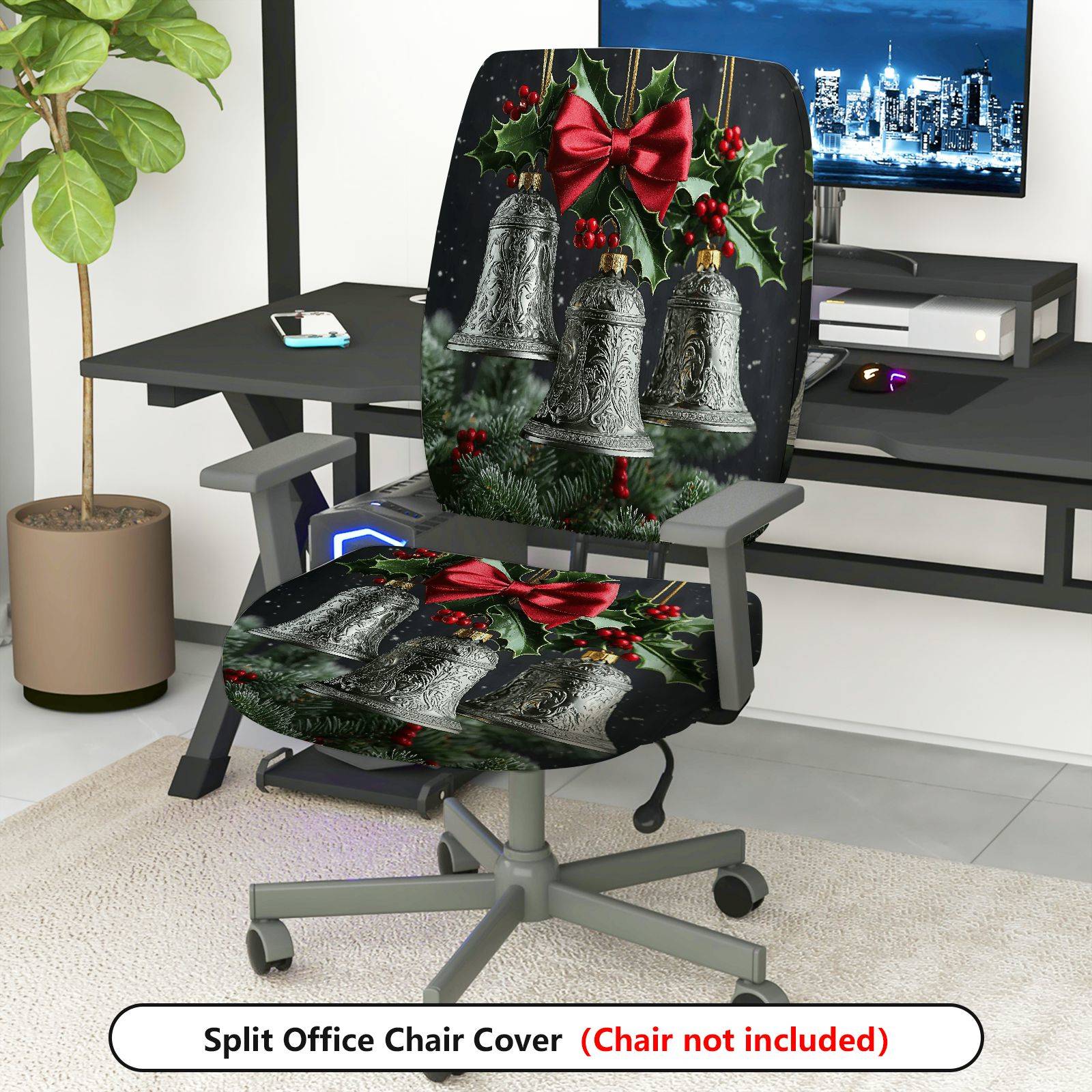 2-Piece Christmas Bell Holly Bow Festive Holiday  Computer Chair Cover Set, Seat and Backrest