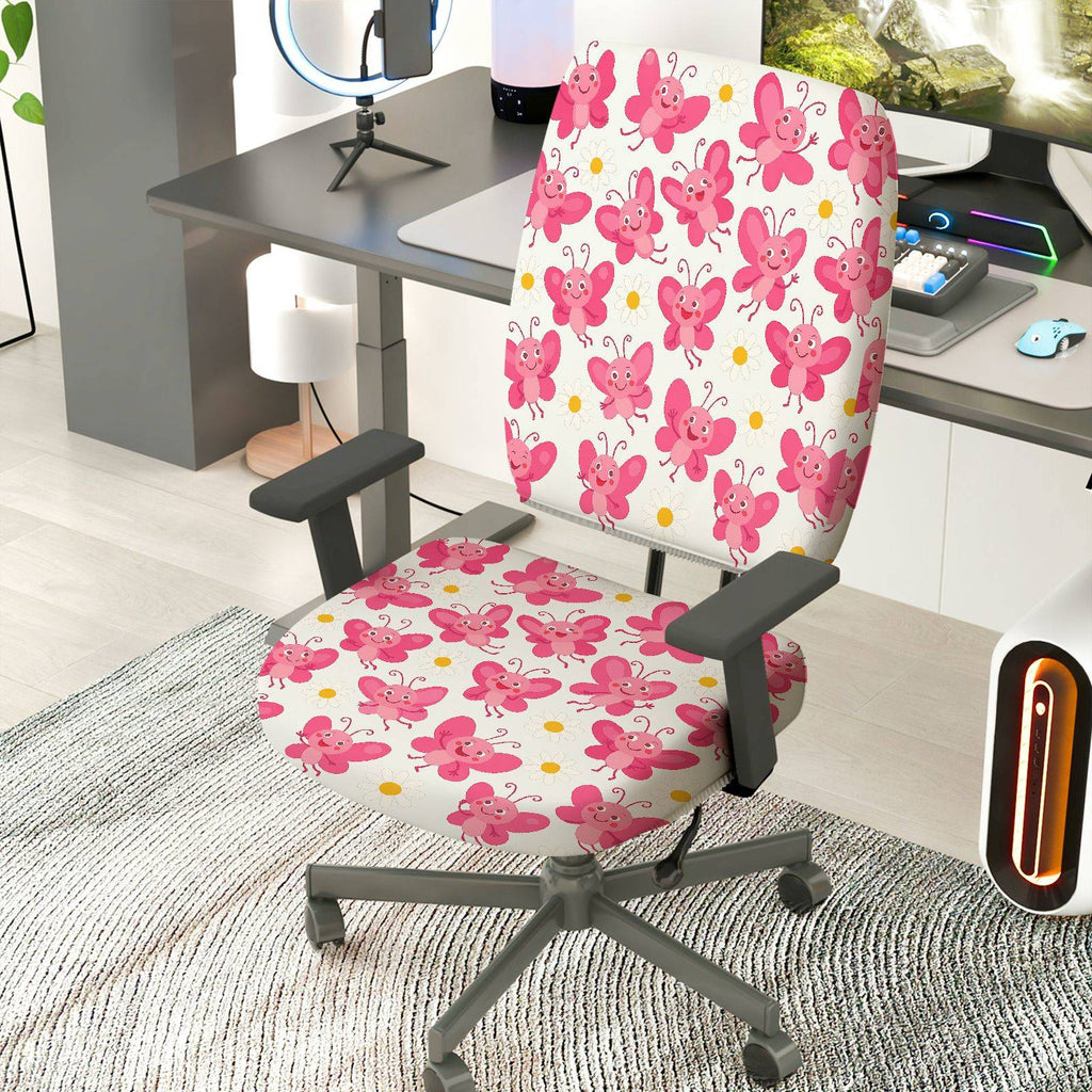 2-Piece Pink Butterfly Floral Cute  Computer Chair Cover Set, Seat and Backrest