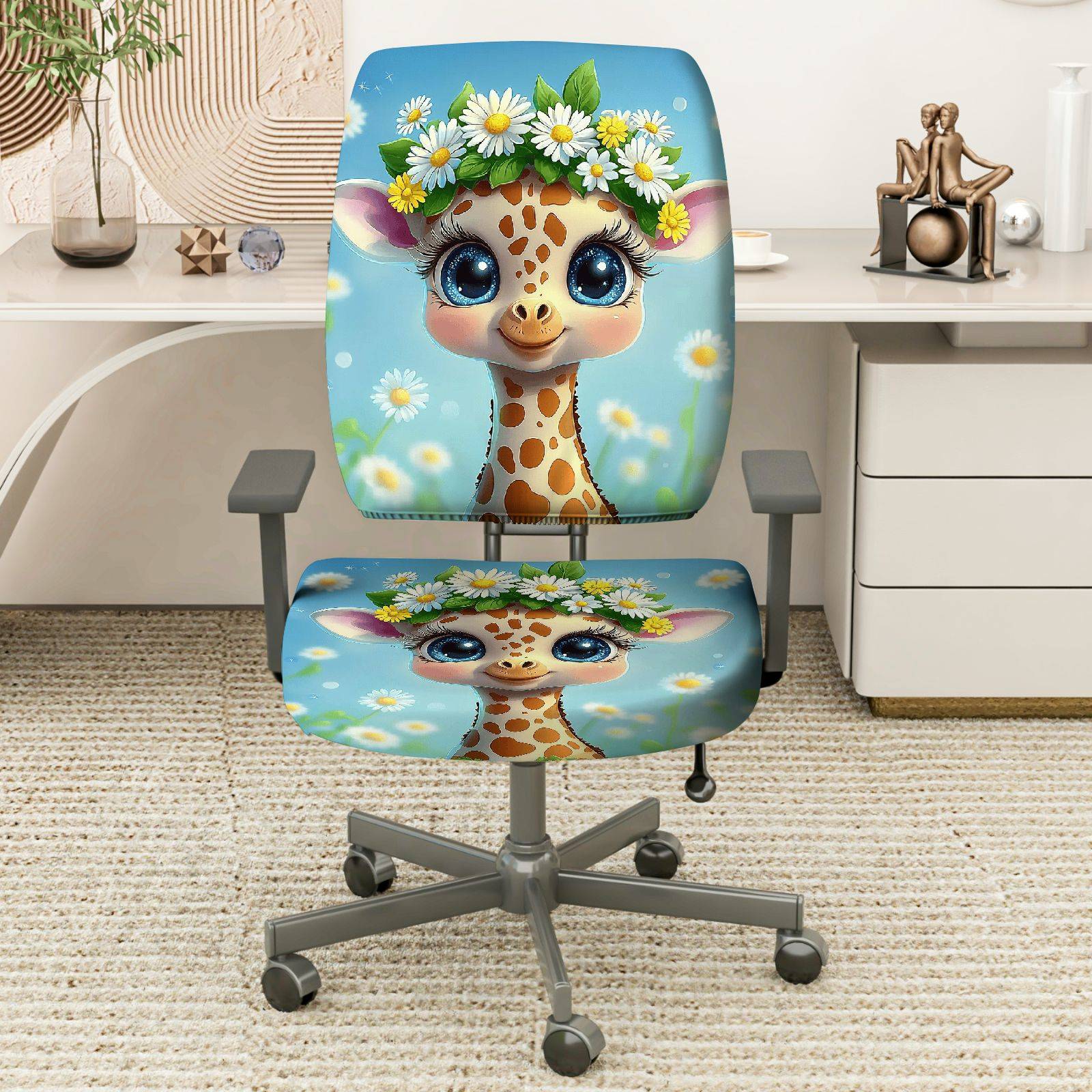 2-Piece Cute Giraffe Flower Decor Animal  Computer Chair Cover Set, Seat and Backrest