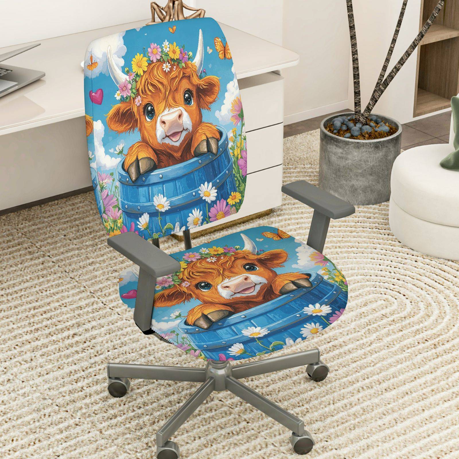 2-Piece Cute Cow Flower Garden Spring Summer  Computer Chair Cover Set, Seat and Backrest