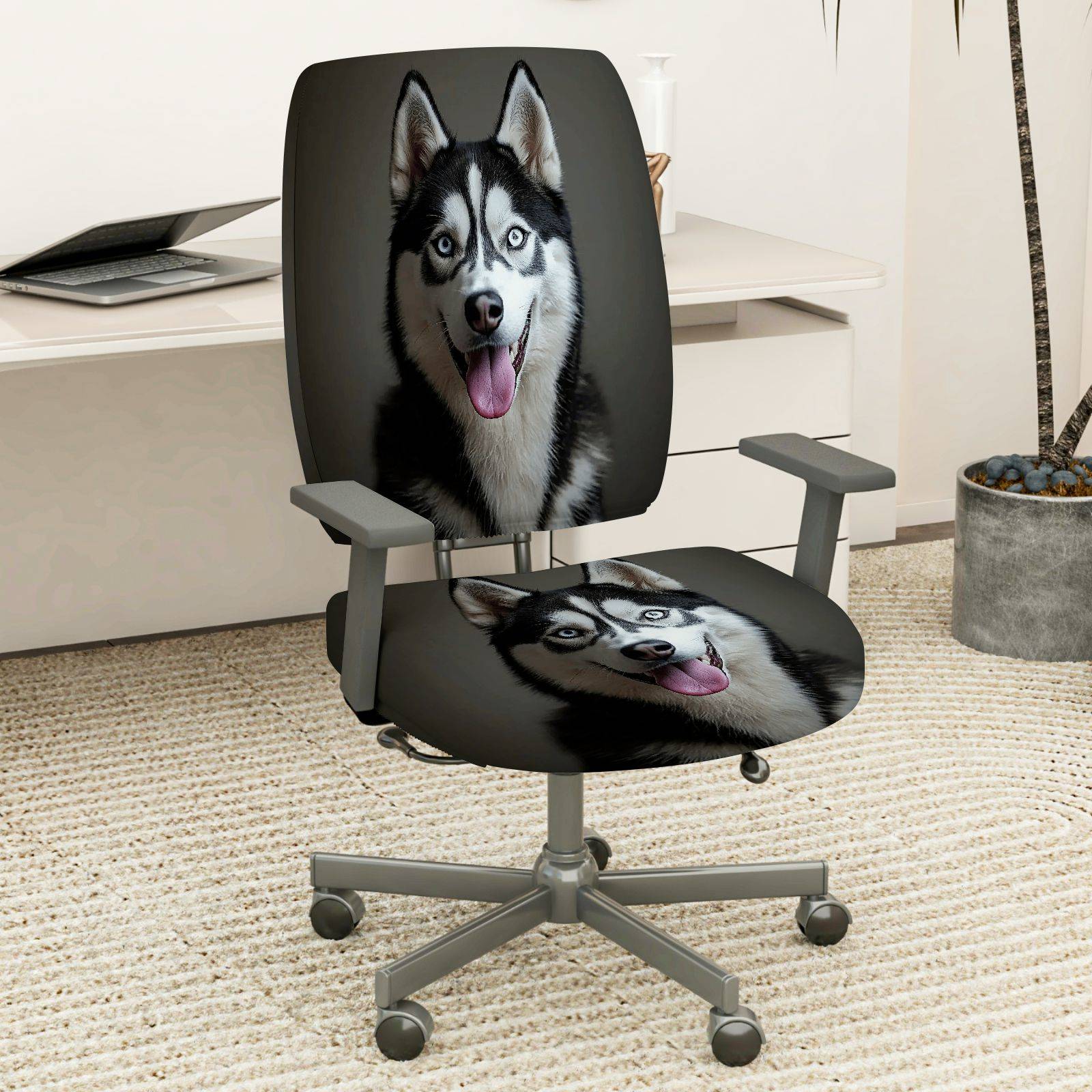 2-Piece Husky Dog Animal Pattern Black White Fun Style  Computer Chair Cover Set, Seat and Backrest