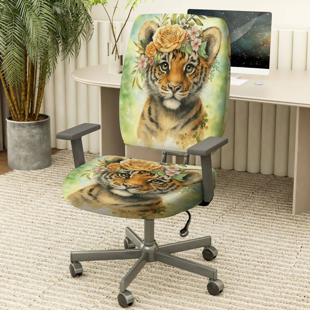 2-Piece Cute Floral Tiger Nature Art  Computer Chair Cover Set, Seat and Backrest