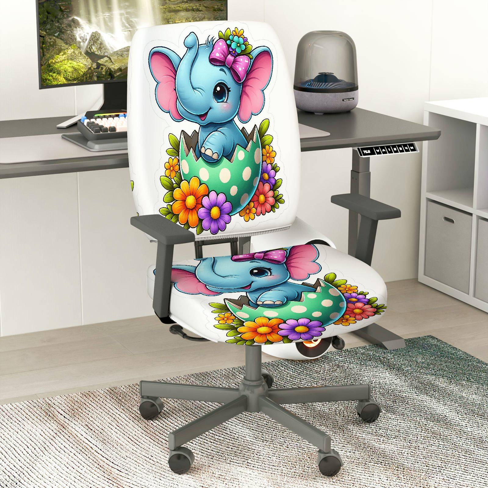 2-Piece Cute Colorful Floral Happy Easter  Computer Chair Cover Set, Seat and Backrest