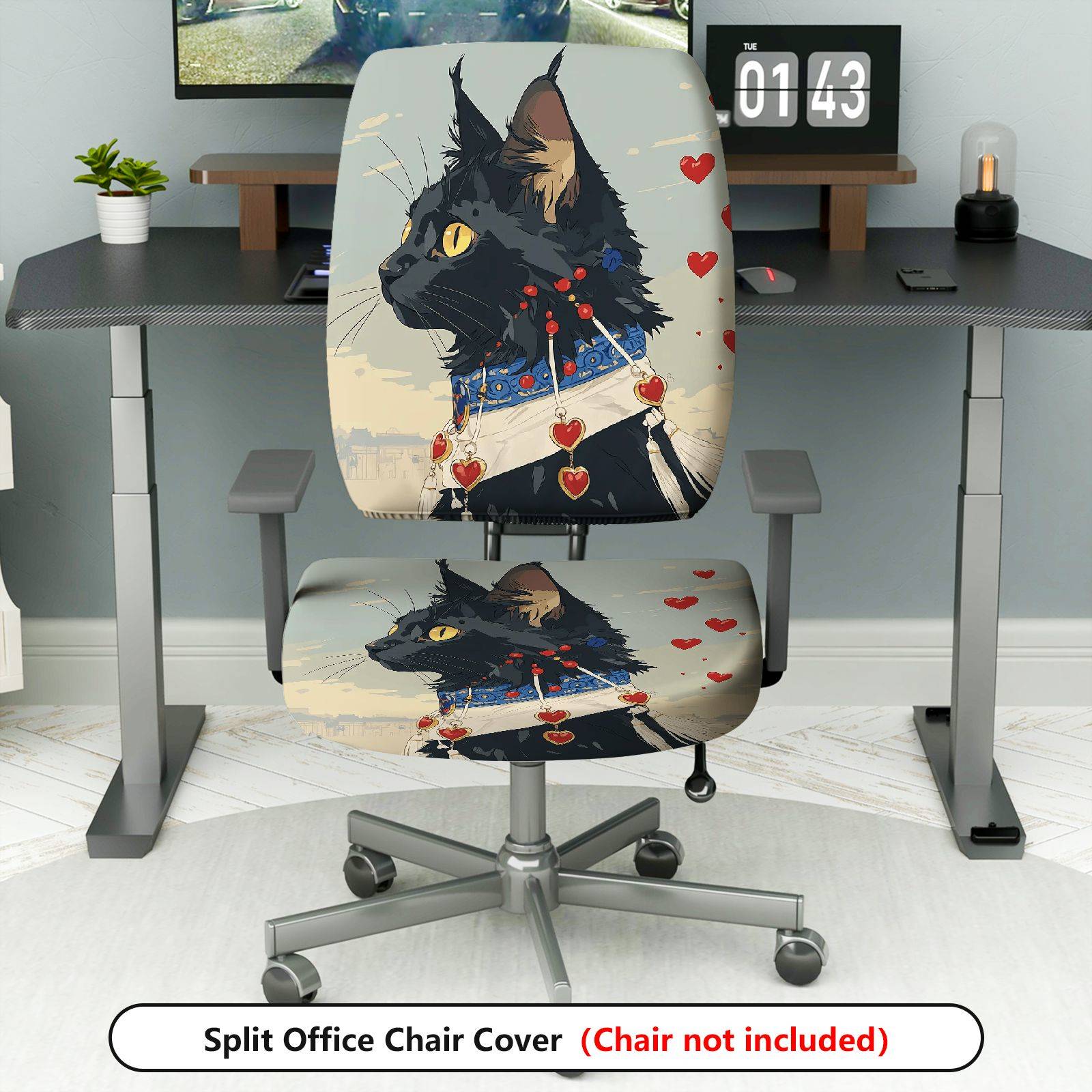 2-Piece Black Cat Heart Collar Cute Decorative  Computer Chair Cover Set, Seat and Backrest