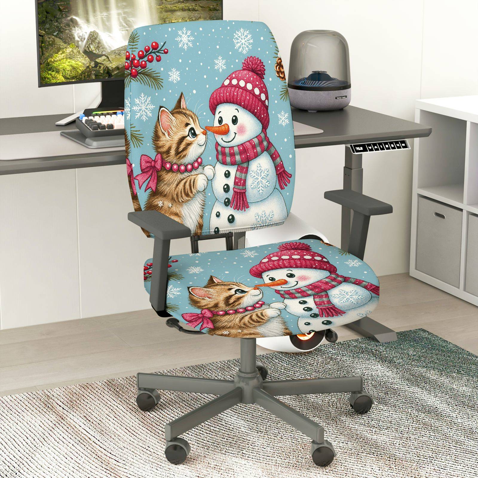 2-Piece Snowman Cat Christmas Winter Holiday Festival  Computer Chair Cover Set, Seat and Backrest