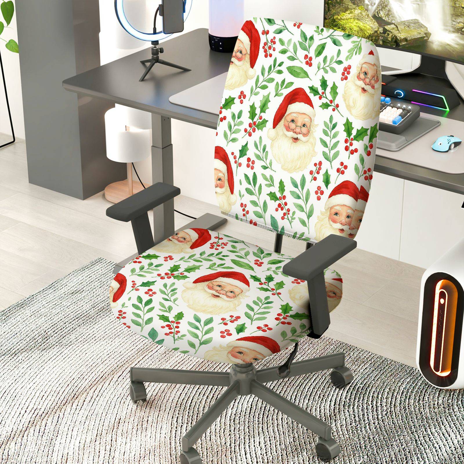 2-Piece Christmas Santa Claus Holly Berry Festive Decoration  Computer Chair Cover Set, Seat and Backrest