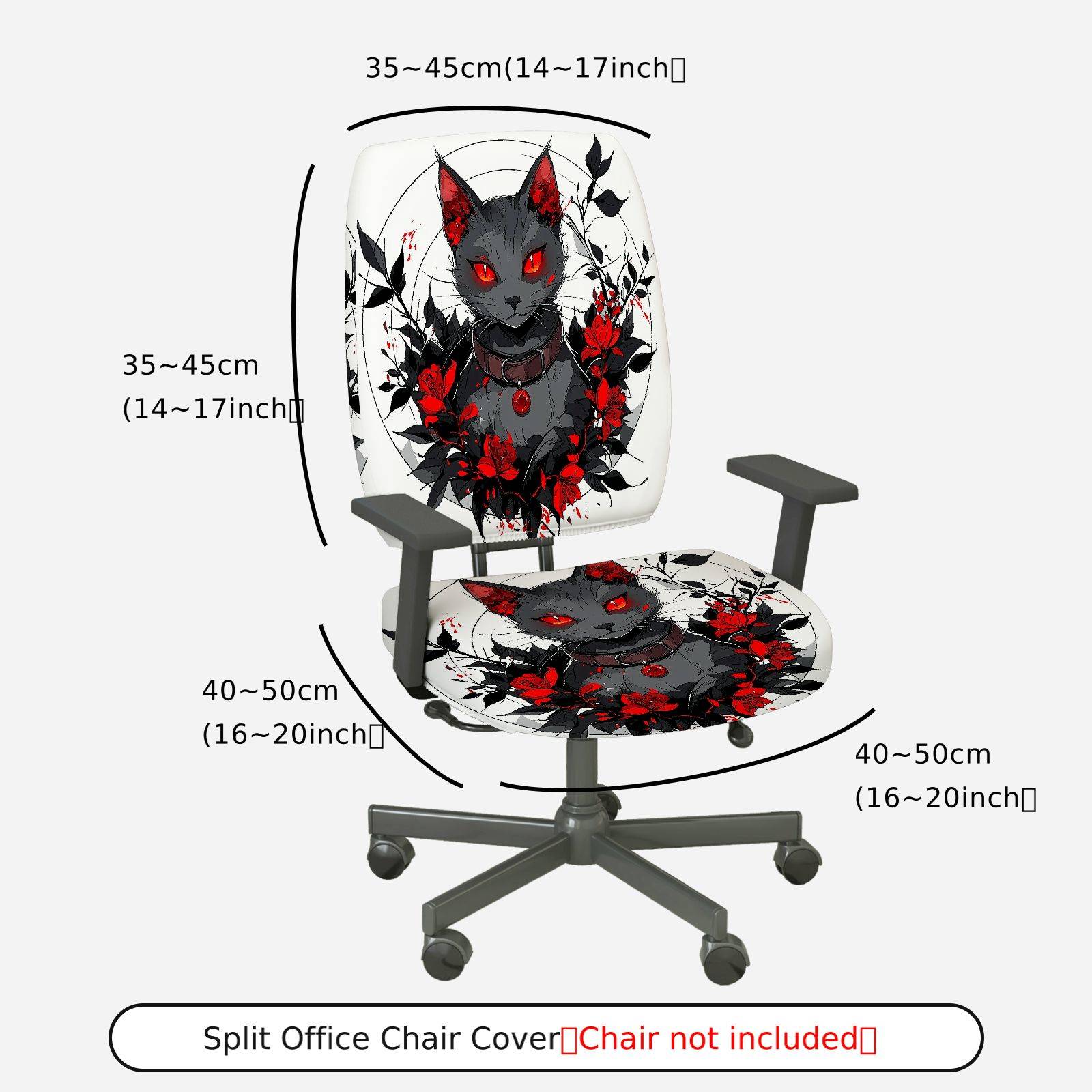 2-Piece Gothic Cat Floral Artistic Red Black  Computer Chair Cover Set, Seat and Backrest