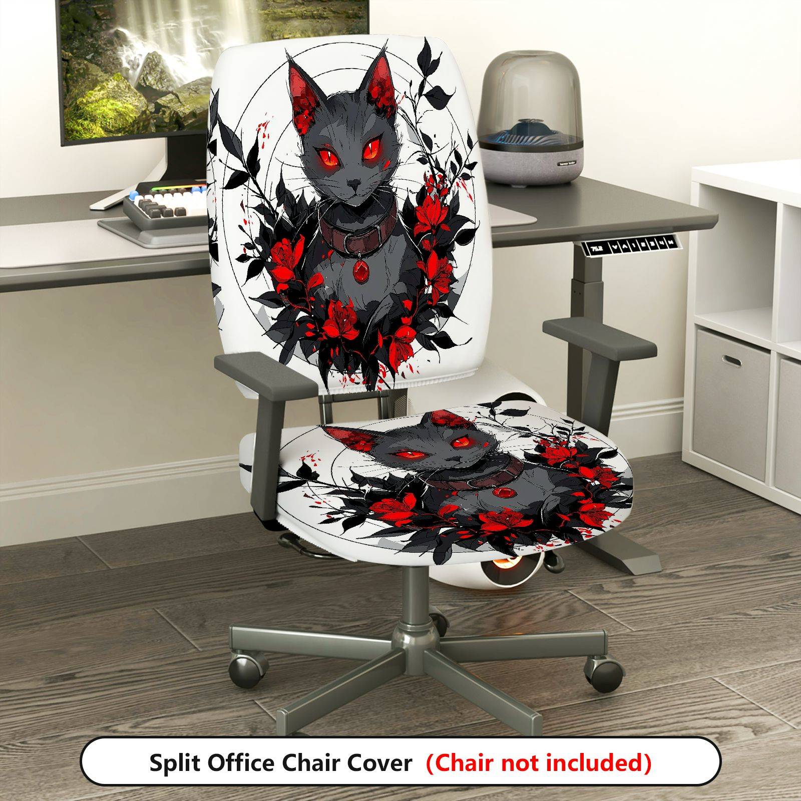 2-Piece Gothic Cat Floral Artistic Red Black  Computer Chair Cover Set, Seat and Backrest