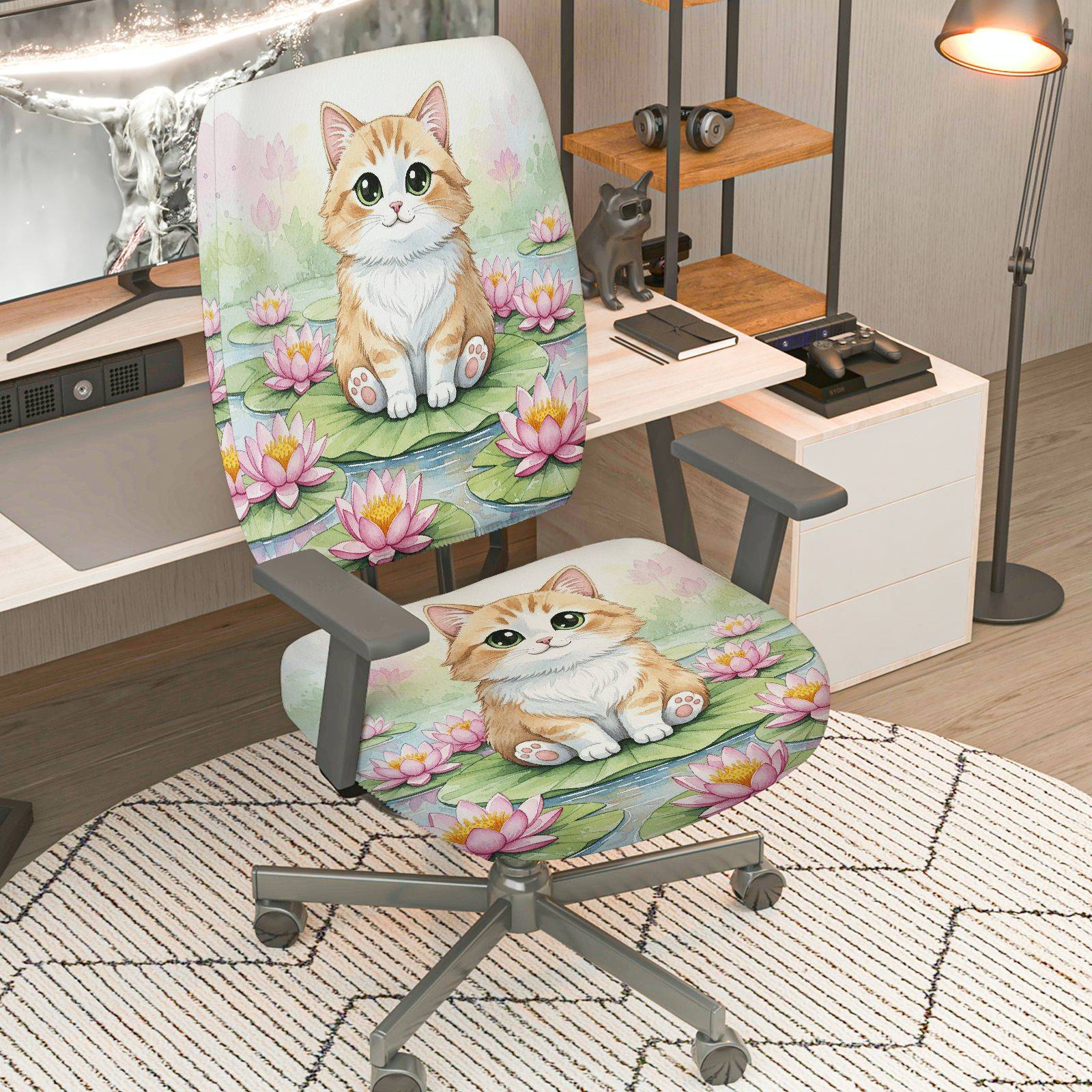 2-Piece Cute Cat Floral Lily Pond  Computer Chair Cover Set, Seat and Backrest