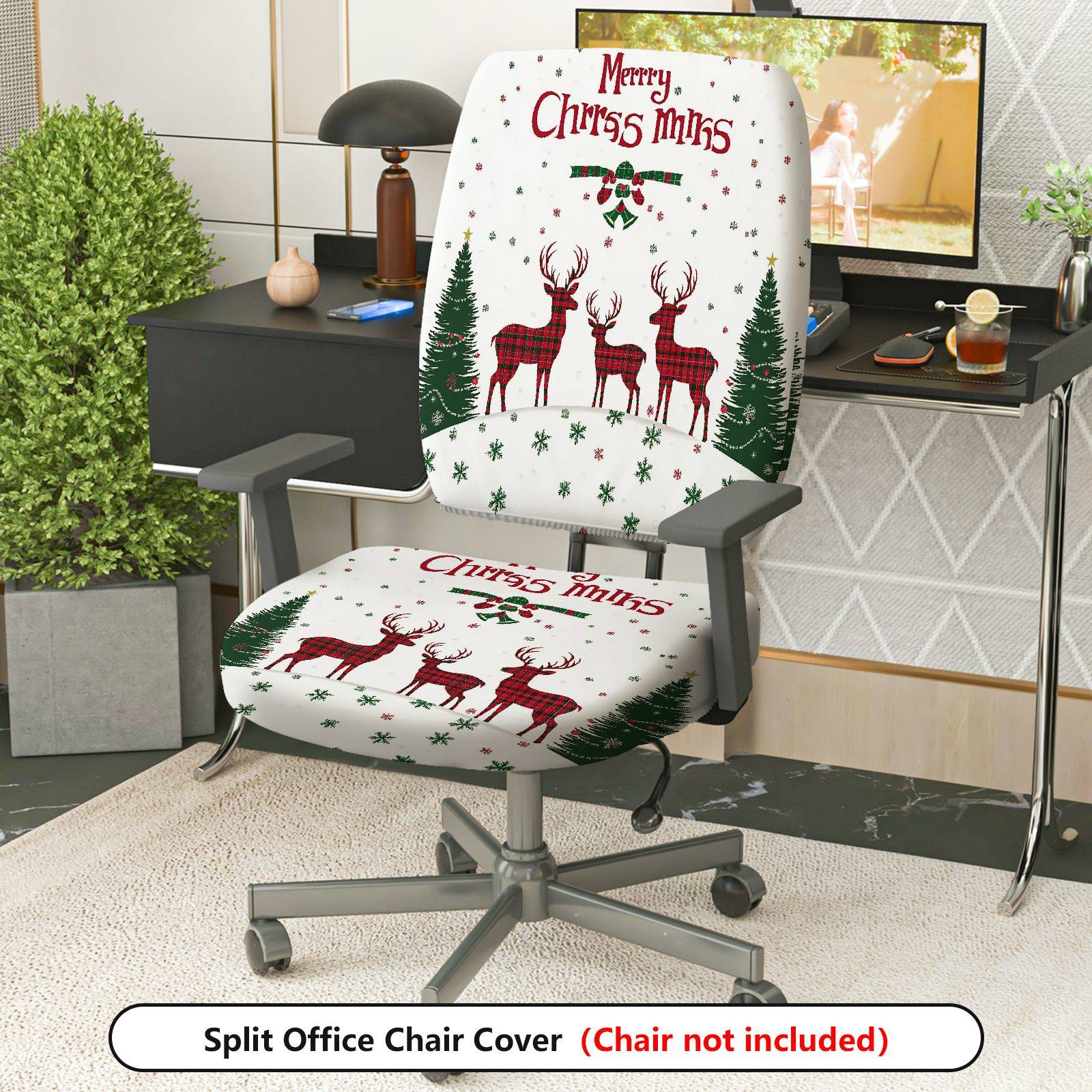 2-Piece Christmas Reindeer Snowflake Tree Plaid  Computer Chair Cover Set, Seat and Backrest