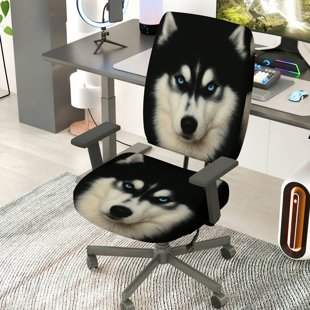 2-Piece Wolf Animal Art Blue Eyes Novelty Husky Dog  Computer Chair Cover Set, Seat and Backrest