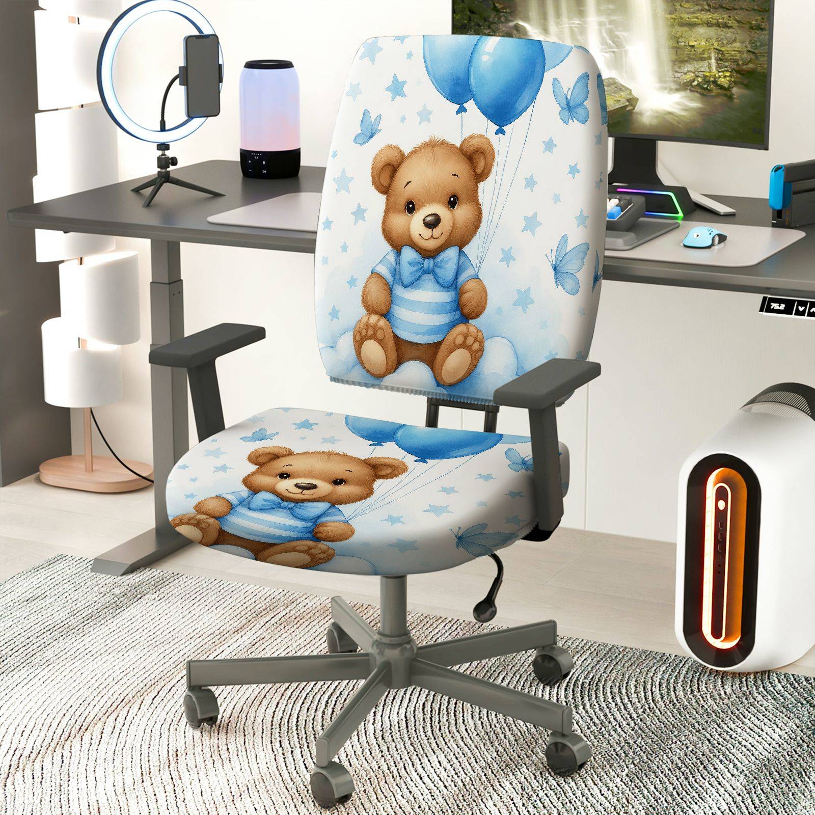 2-Piece Cute Blue Balloon Star Bear  Computer Chair Cover Set, Seat and Backrest
