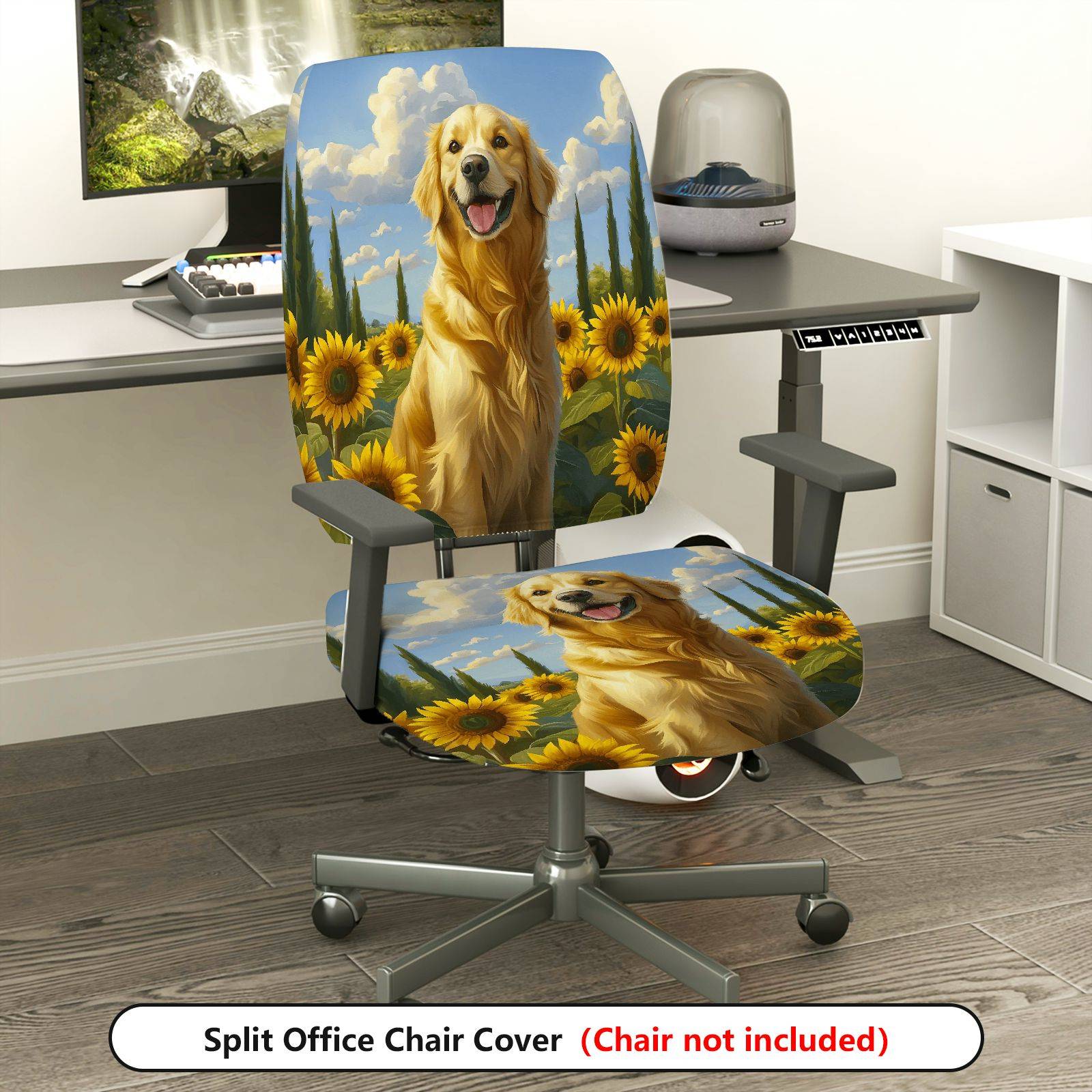 2-Piece Golden Retriever Sunflower Sky Landscape  Computer Chair Cover Set, Seat and Backrest