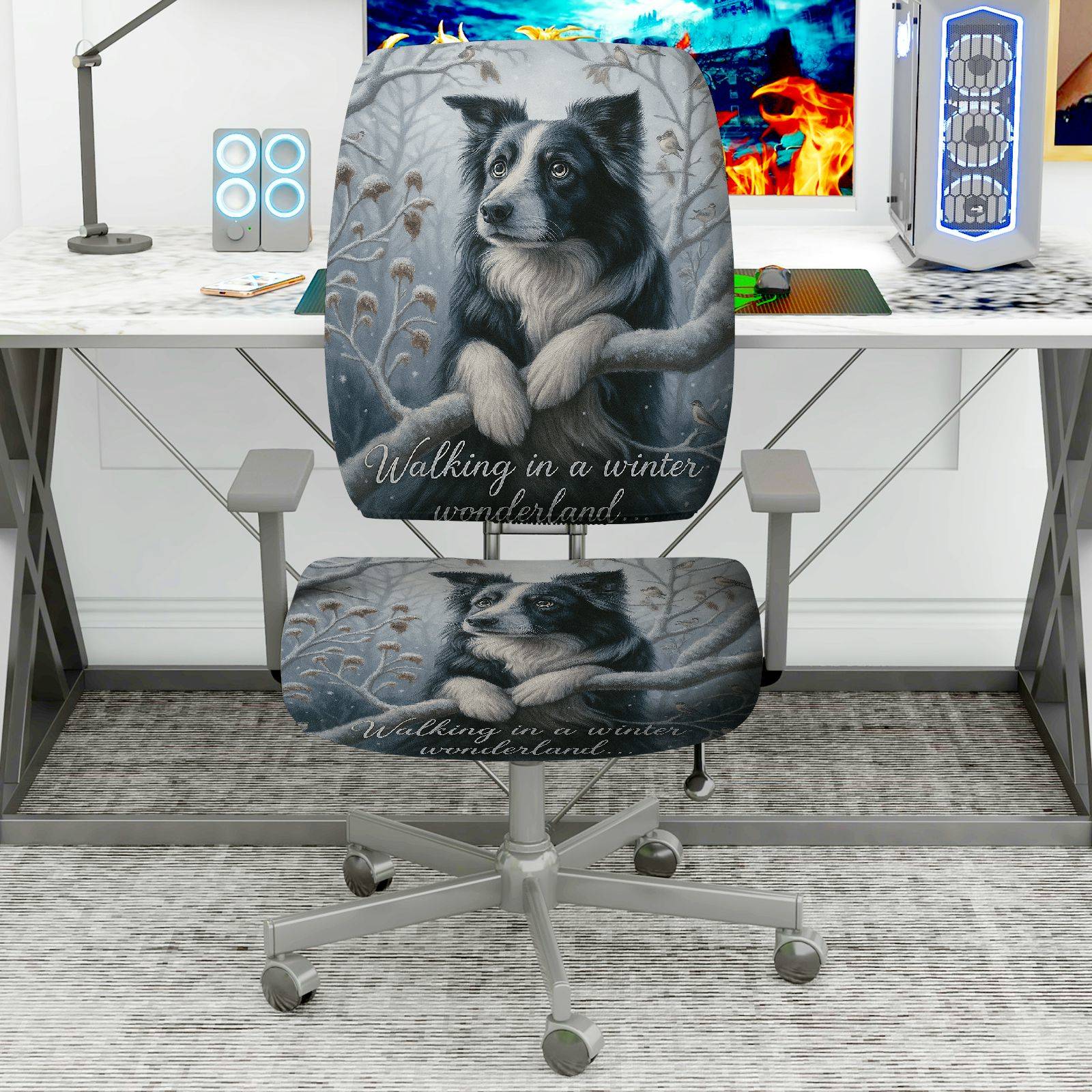 2-Piece Winter Dog Snow Forest Wonderland  Computer Chair Cover Set, Seat and Backrest