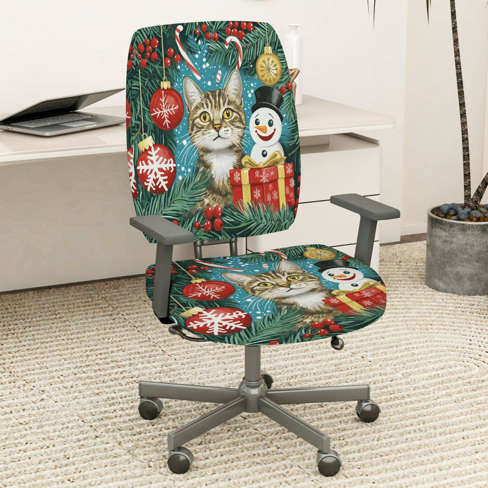 2-Piece Christmas Cat Snowman Gift Ornament  Computer Chair Cover Set, Seat and Backrest
