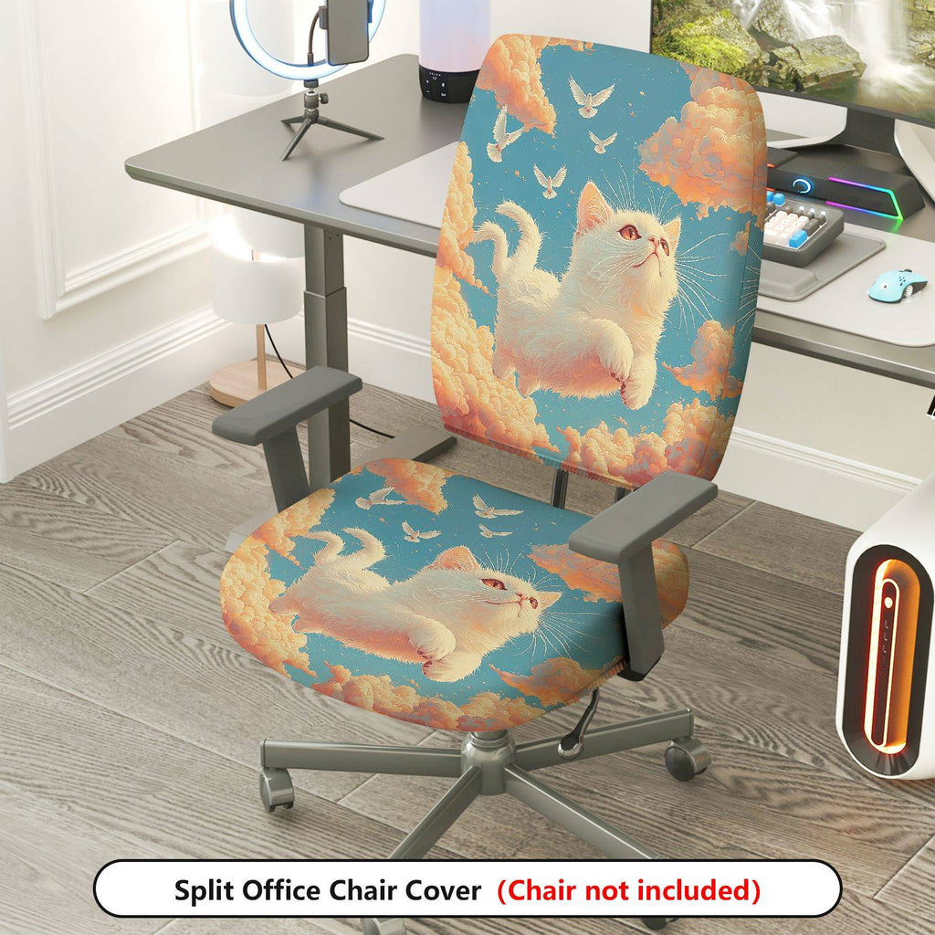 2-Piece Cute Cat Sky Clouds Birds  Computer Chair Cover Set, Seat and Backrest