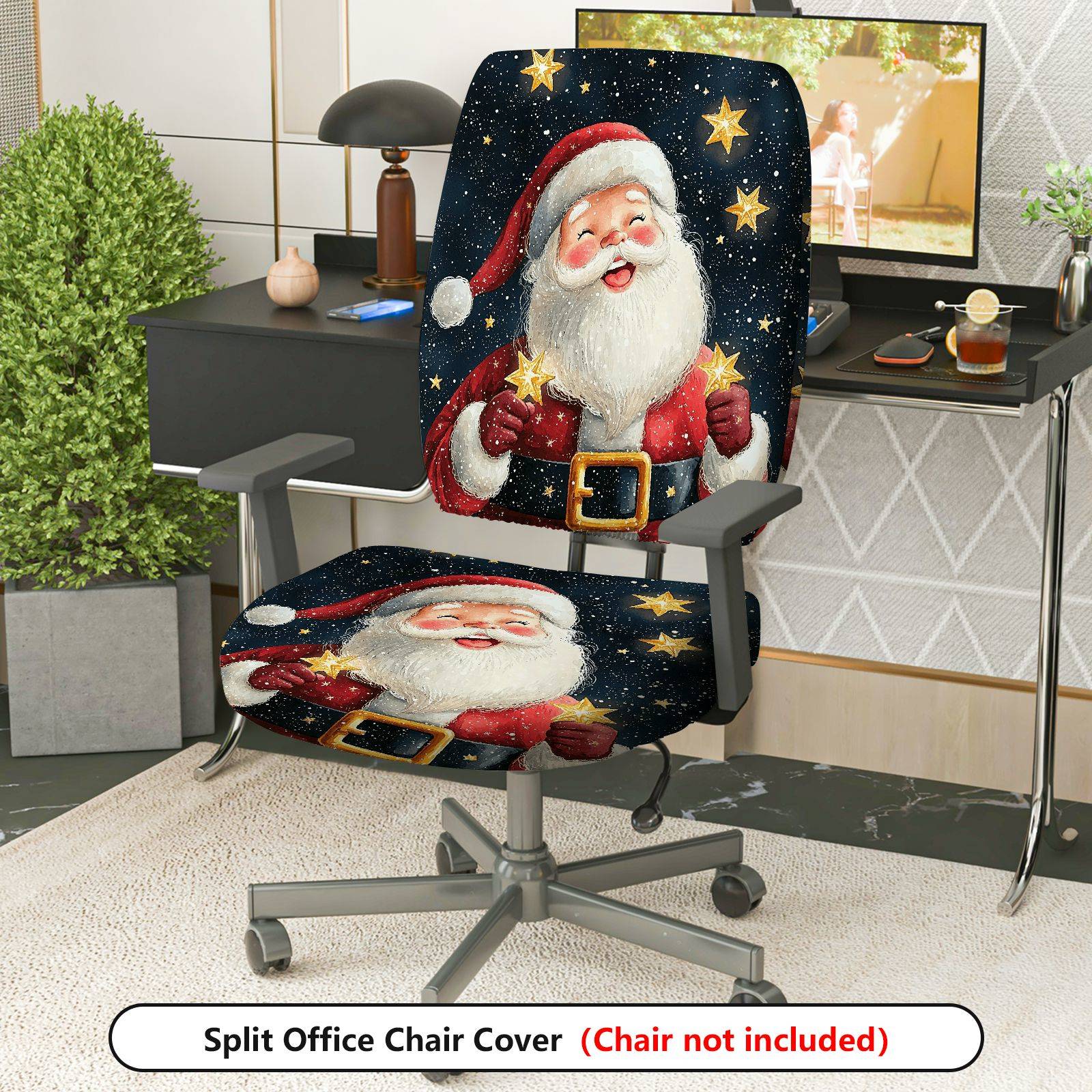 2-Piece Santa Claus Christmas Stars Pattern  Computer Chair Cover Set, Seat and Backrest