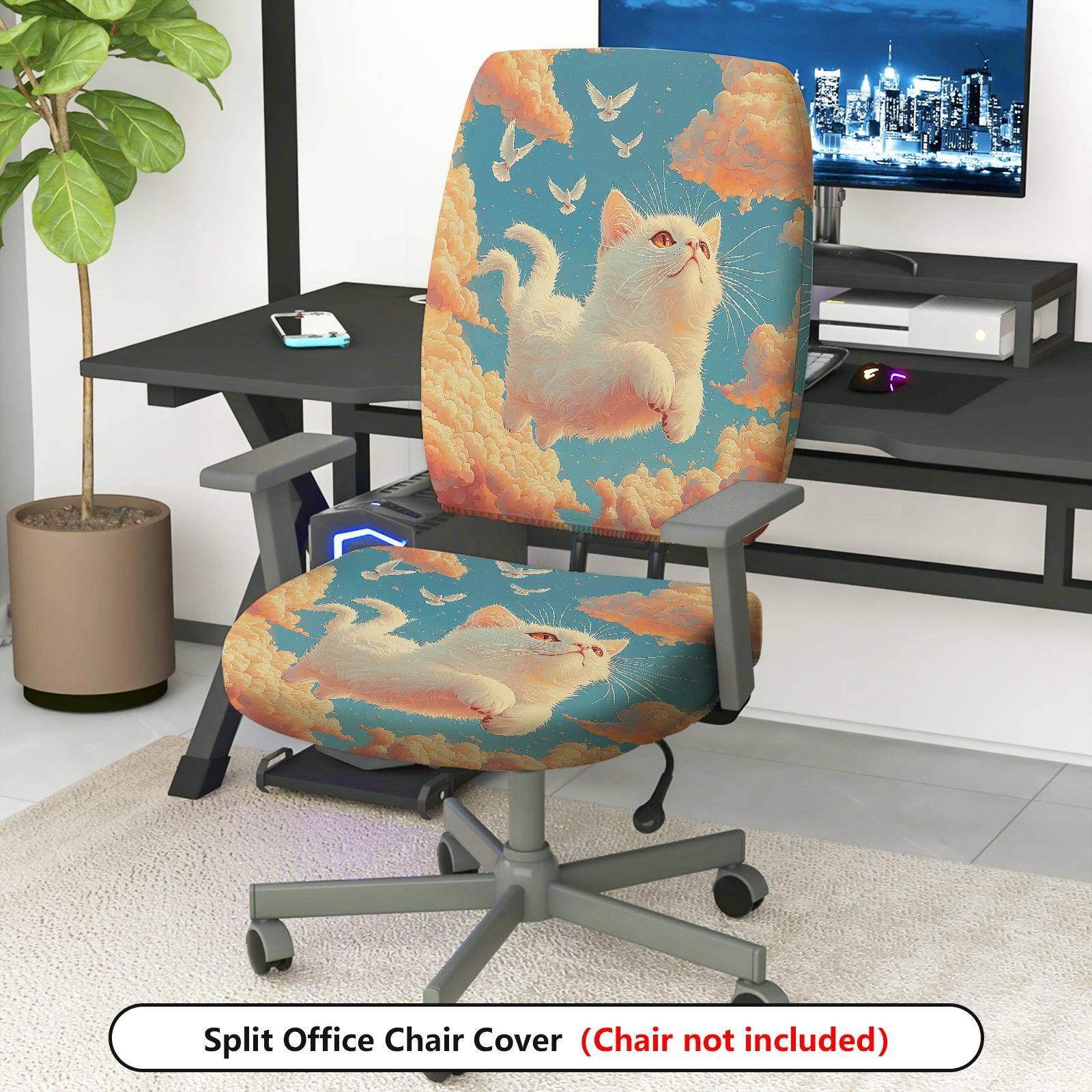 2-Piece Cute Cat Sky Clouds Birds  Computer Chair Cover Set, Seat and Backrest