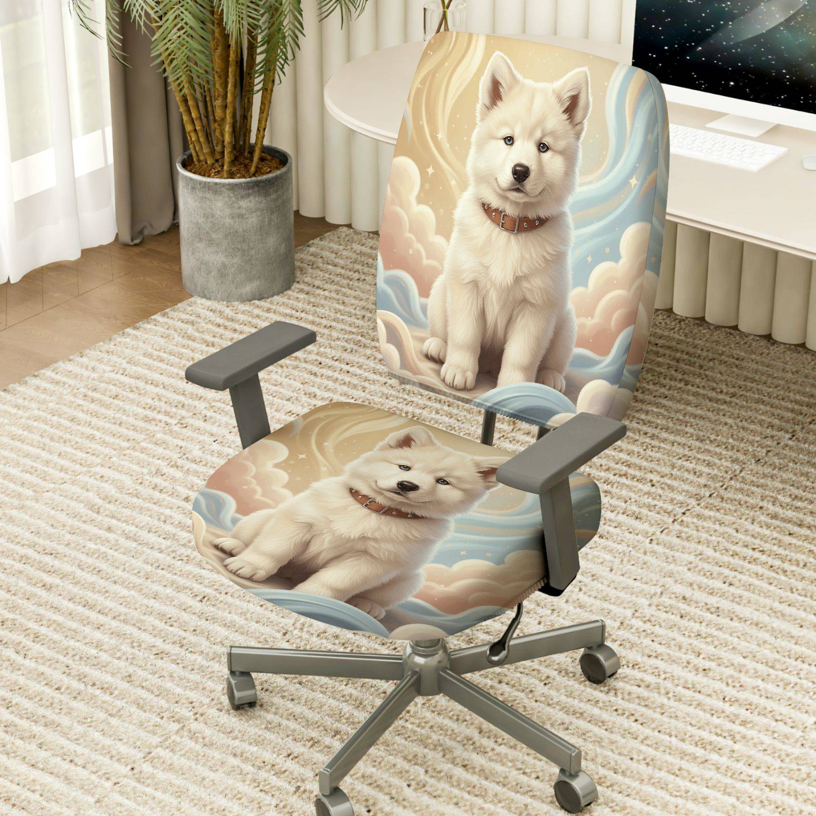 2-Piece Cute Dog Cloud Fantasy Dream Art  Computer Chair Cover Set, Seat and Backrest