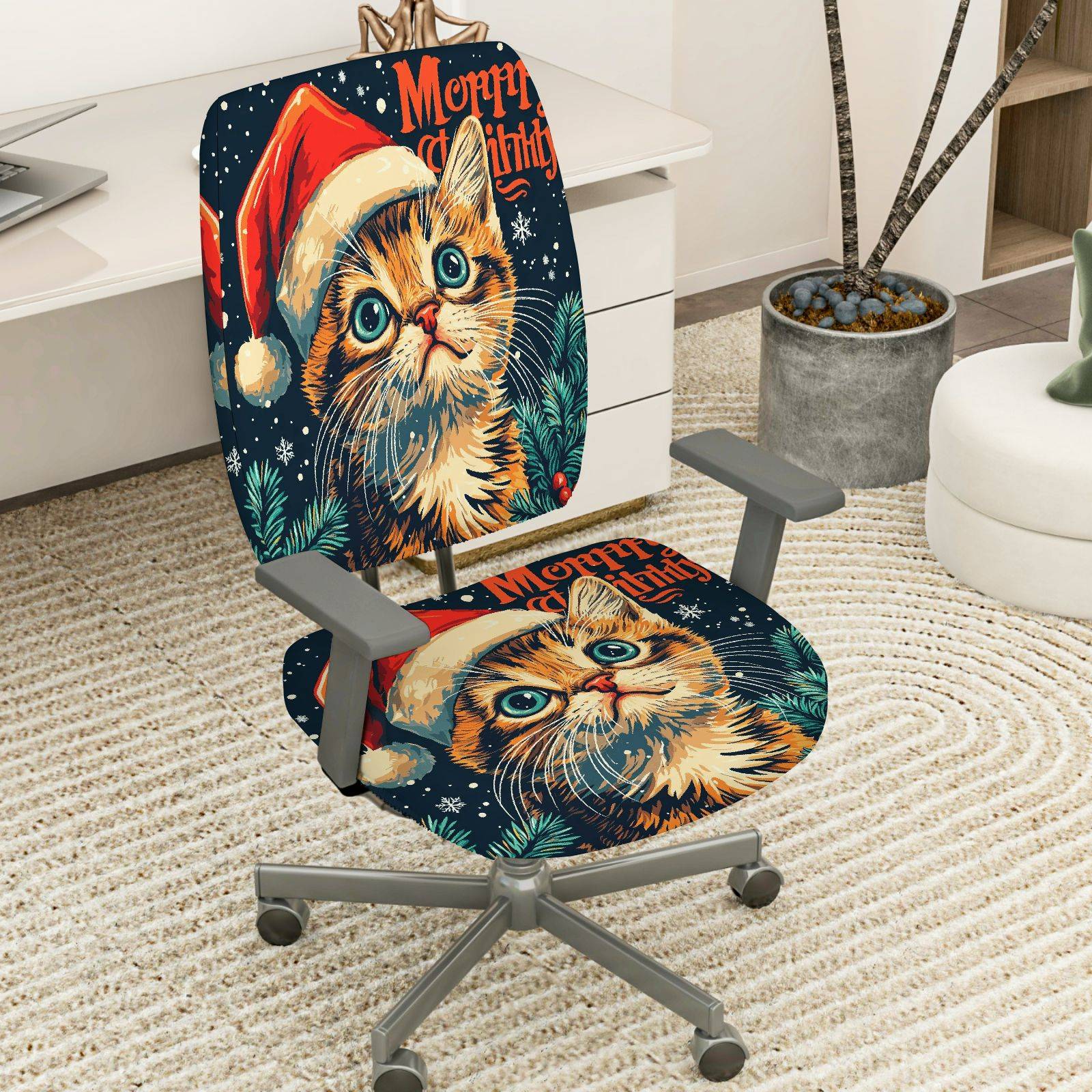 2-Piece Christmas Cat Santa Cute Funny Holiday  Computer Chair Cover Set, Seat and Backrest