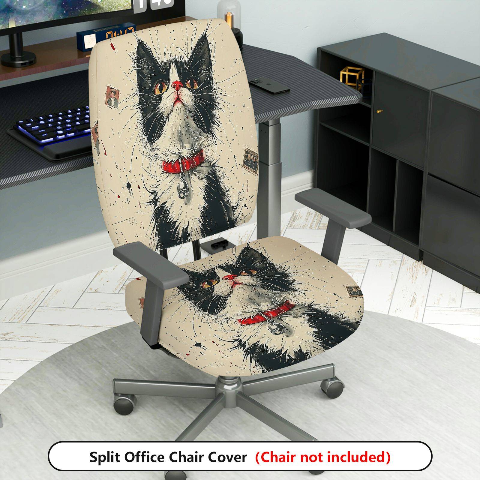 2-Piece Cat Art Vintage Unique Stylish Fun  Computer Chair Cover Set, Seat and Backrest