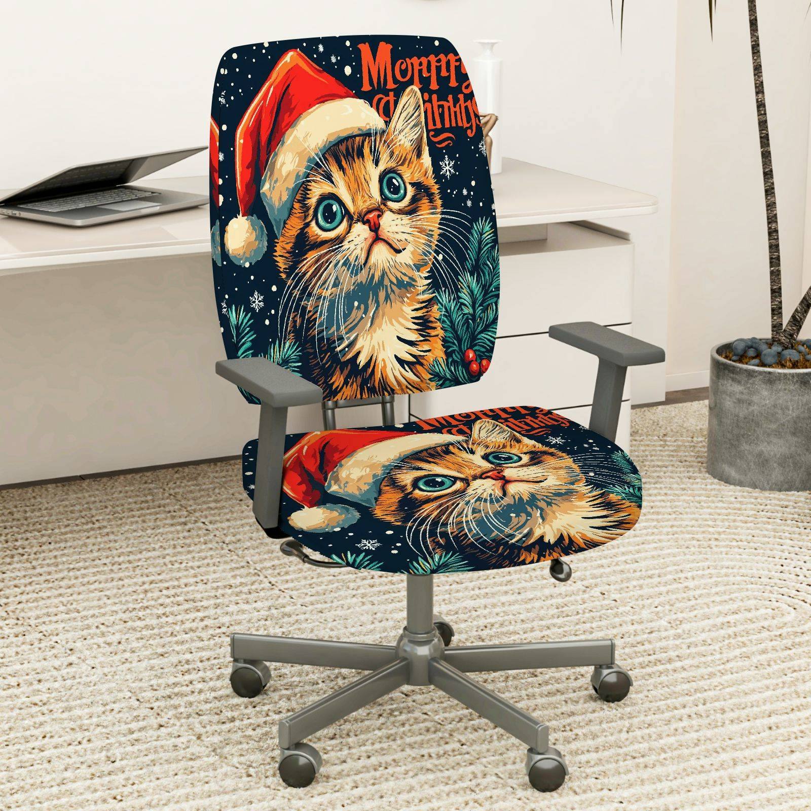 2-Piece Christmas Cat Santa Cute Funny Holiday  Computer Chair Cover Set, Seat and Backrest