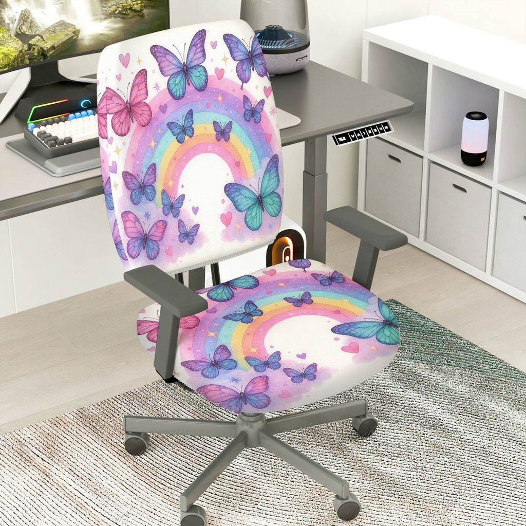 2-Piece Butterfly Rainbow Colorful Pattern Cute Decorative  Computer Chair Cover Set, Seat and Backrest