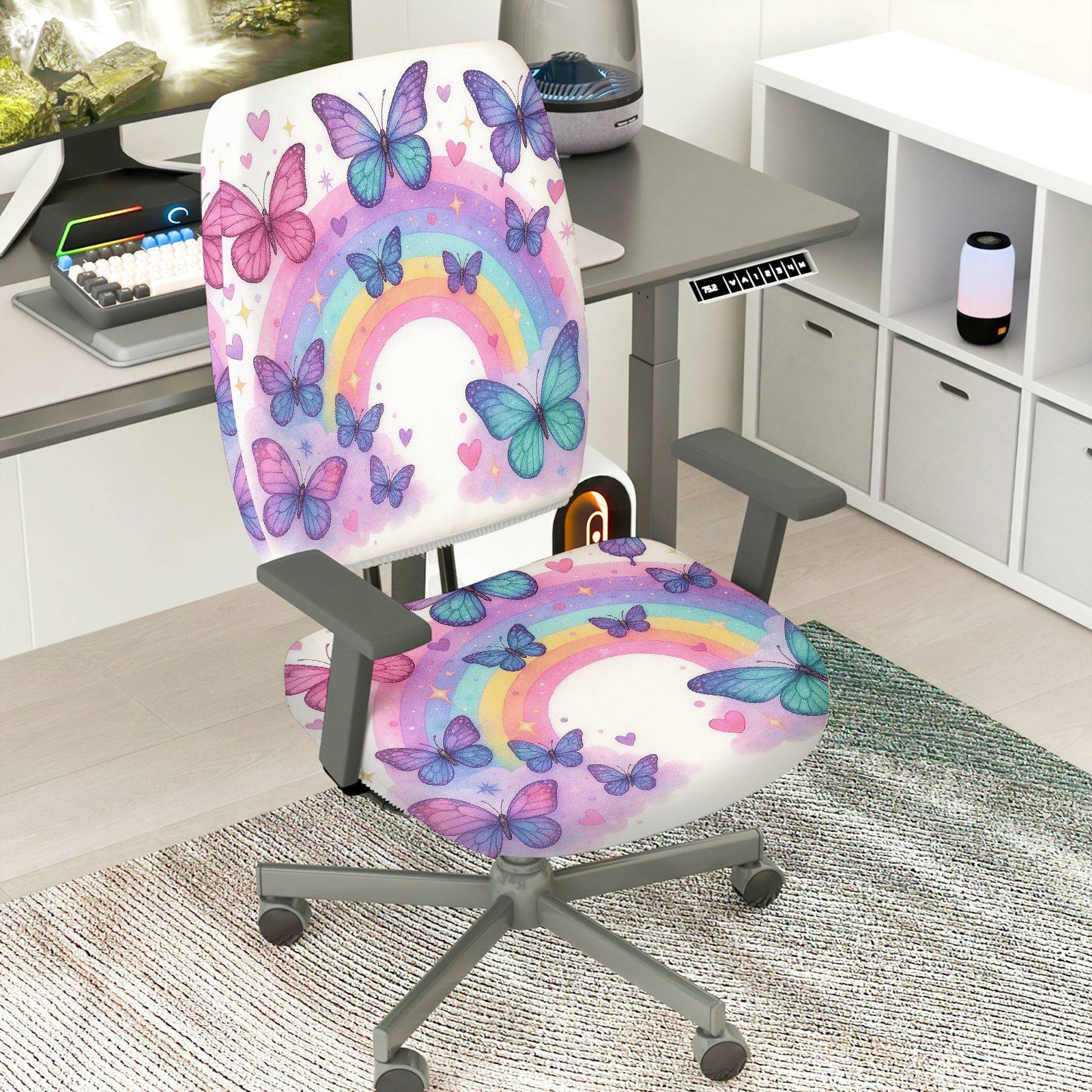 2-Piece Butterfly Rainbow Colorful Pattern Cute Decorative  Computer Chair Cover Set, Seat and Backrest