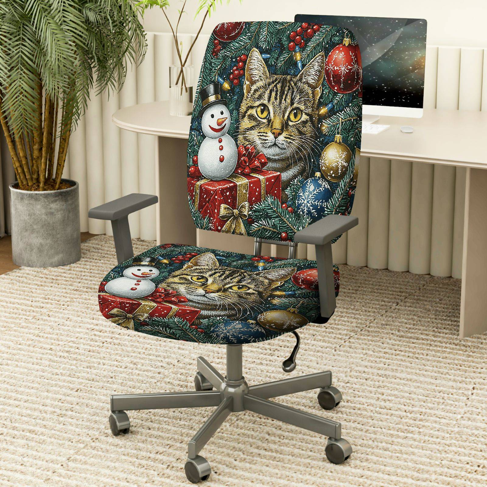 2-Piece Christmas Cat Snowman Present Decorative Holiday  Computer Chair Cover Set, Seat and Backrest