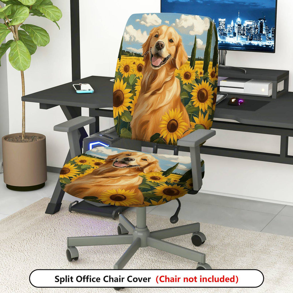 2-Piece Dog Sunflower Nature Landscape Happy Pet Golden Retriever  Computer Chair Cover Set, Seat and Backrest