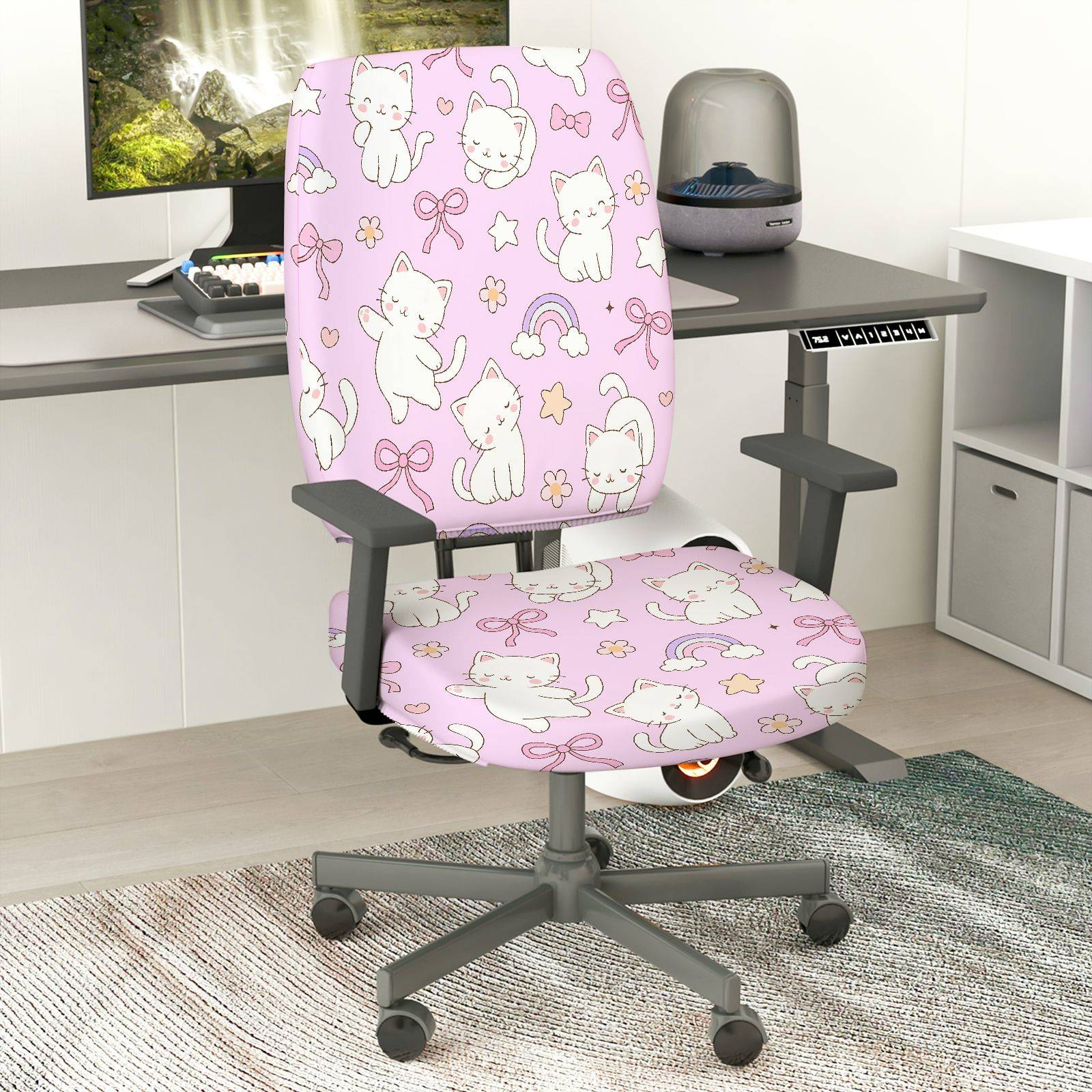 2-Piece Pink Cat Rainbow Bow Star  Computer Chair Cover Set, Seat and Backrest