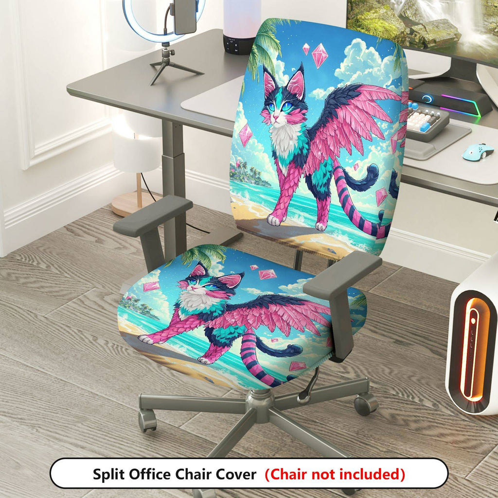 2-Piece Fantasy Cat Beach Wing Vibrant Diamond  Computer Chair Cover Set, Seat and Backrest
