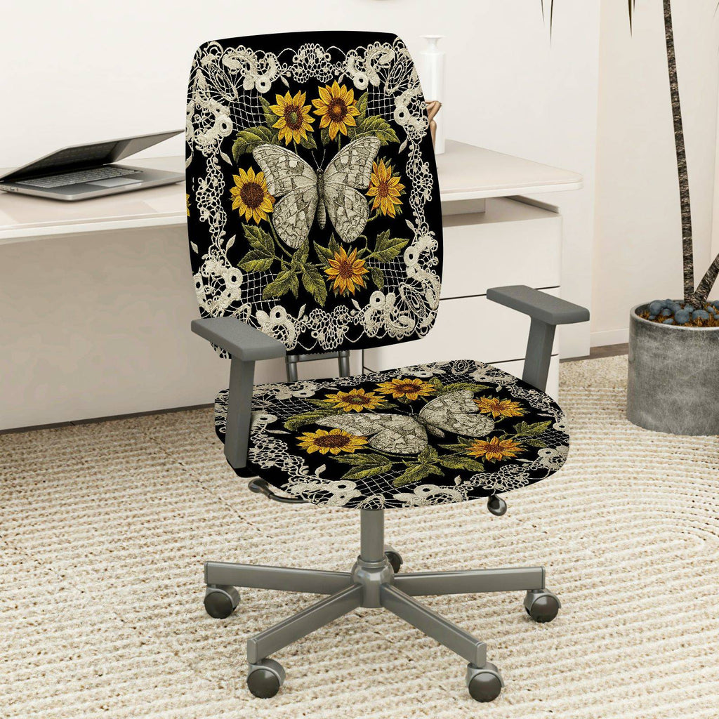 2-Piece Butterfly Floral Lace Sunflower Black  Computer Chair Cover Set, Seat and Backrest