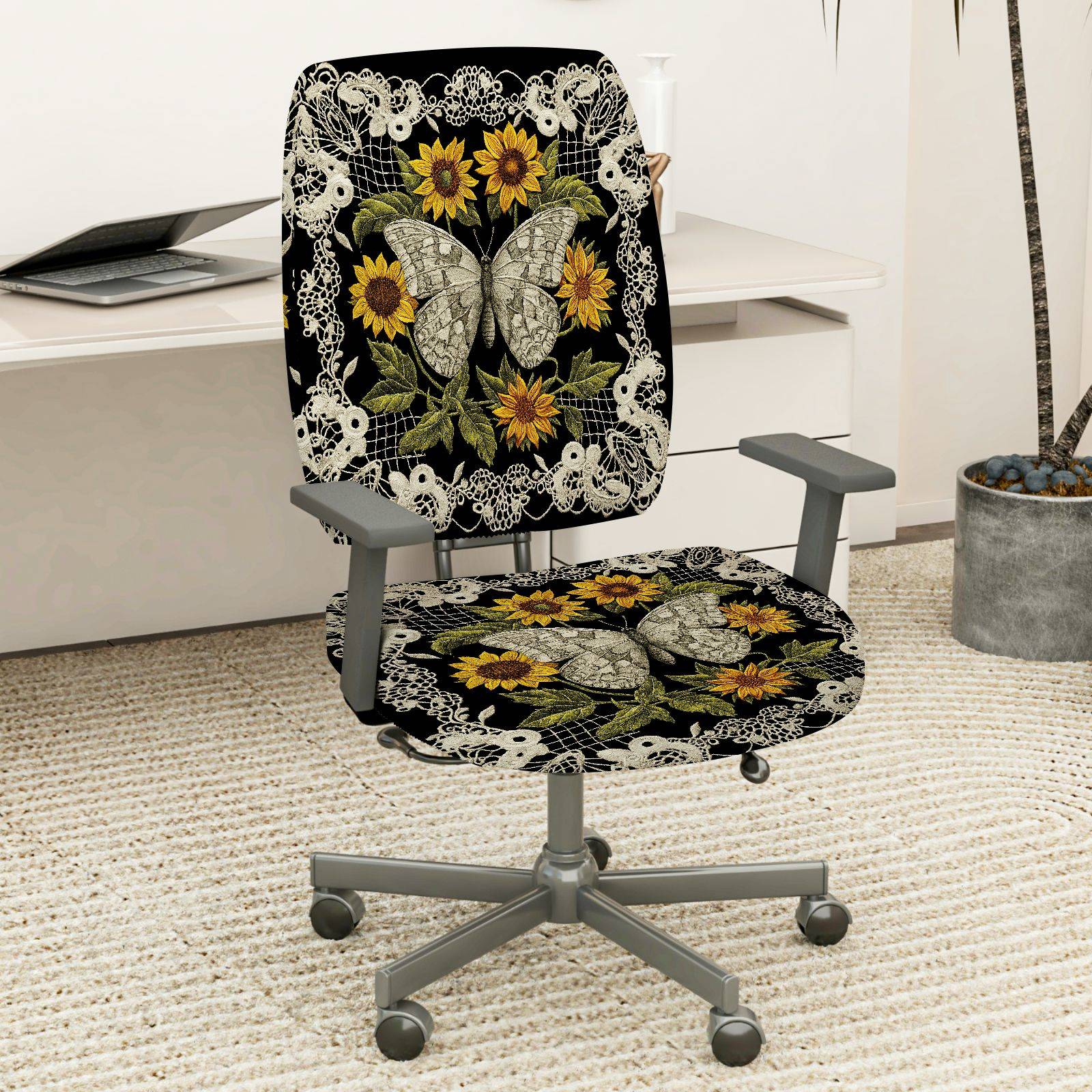 2-Piece Butterfly Floral Lace Sunflower Black  Computer Chair Cover Set, Seat and Backrest