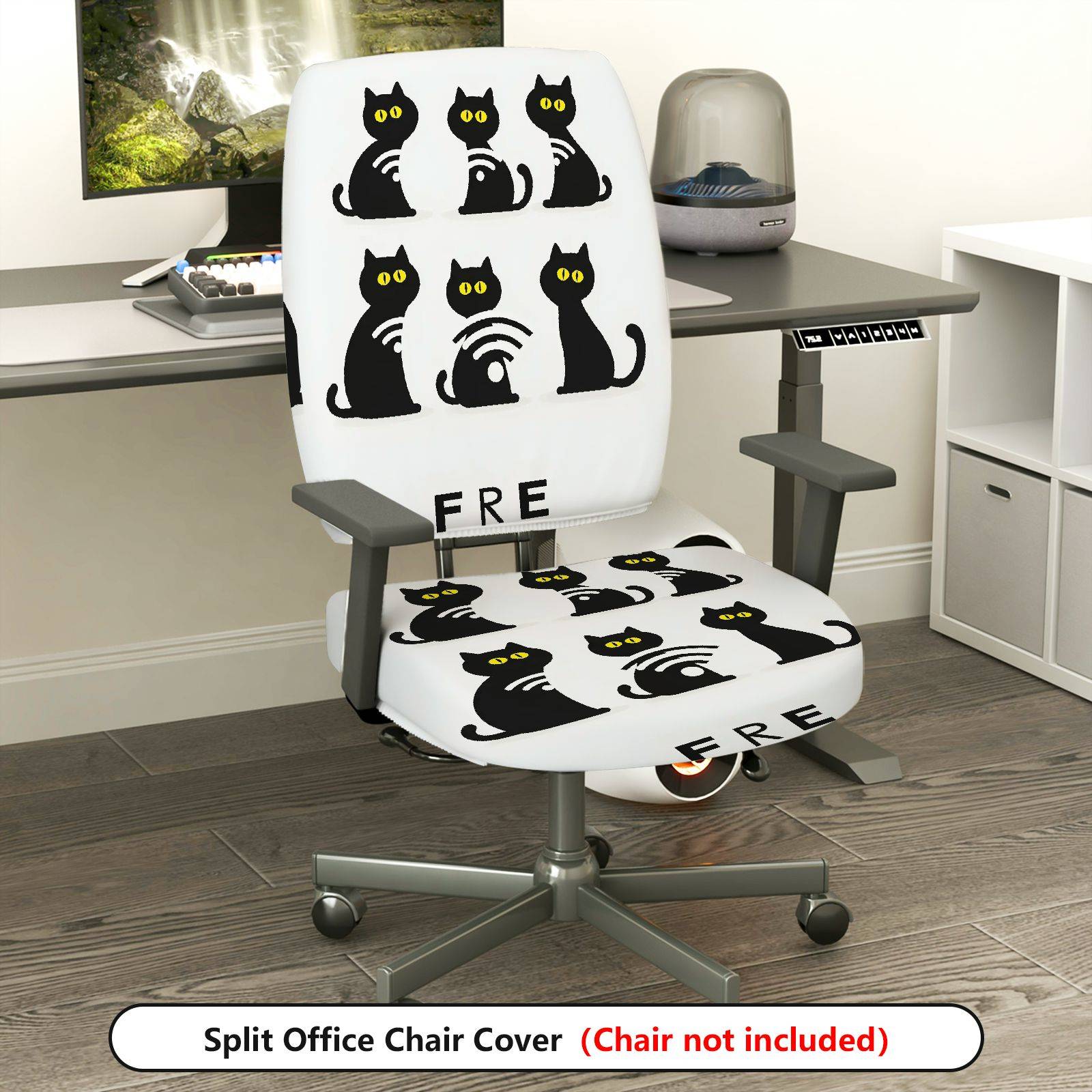 2-Piece Black cat pattern Halloween  Computer Chair Cover Set, Seat and Backrest