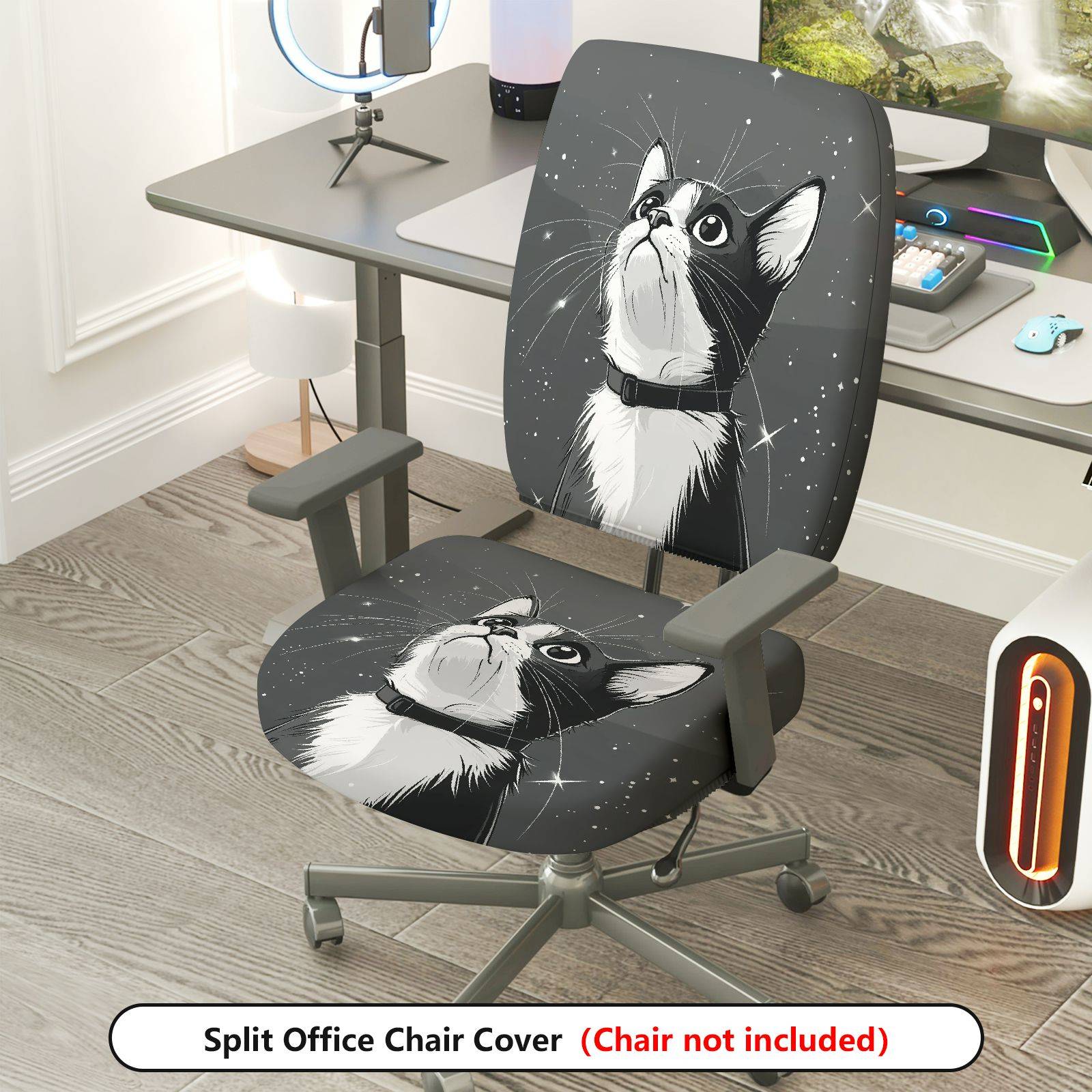 2-Piece Cute Cat Starry Sky Gray Black  Computer Chair Cover Set, Seat and Backrest