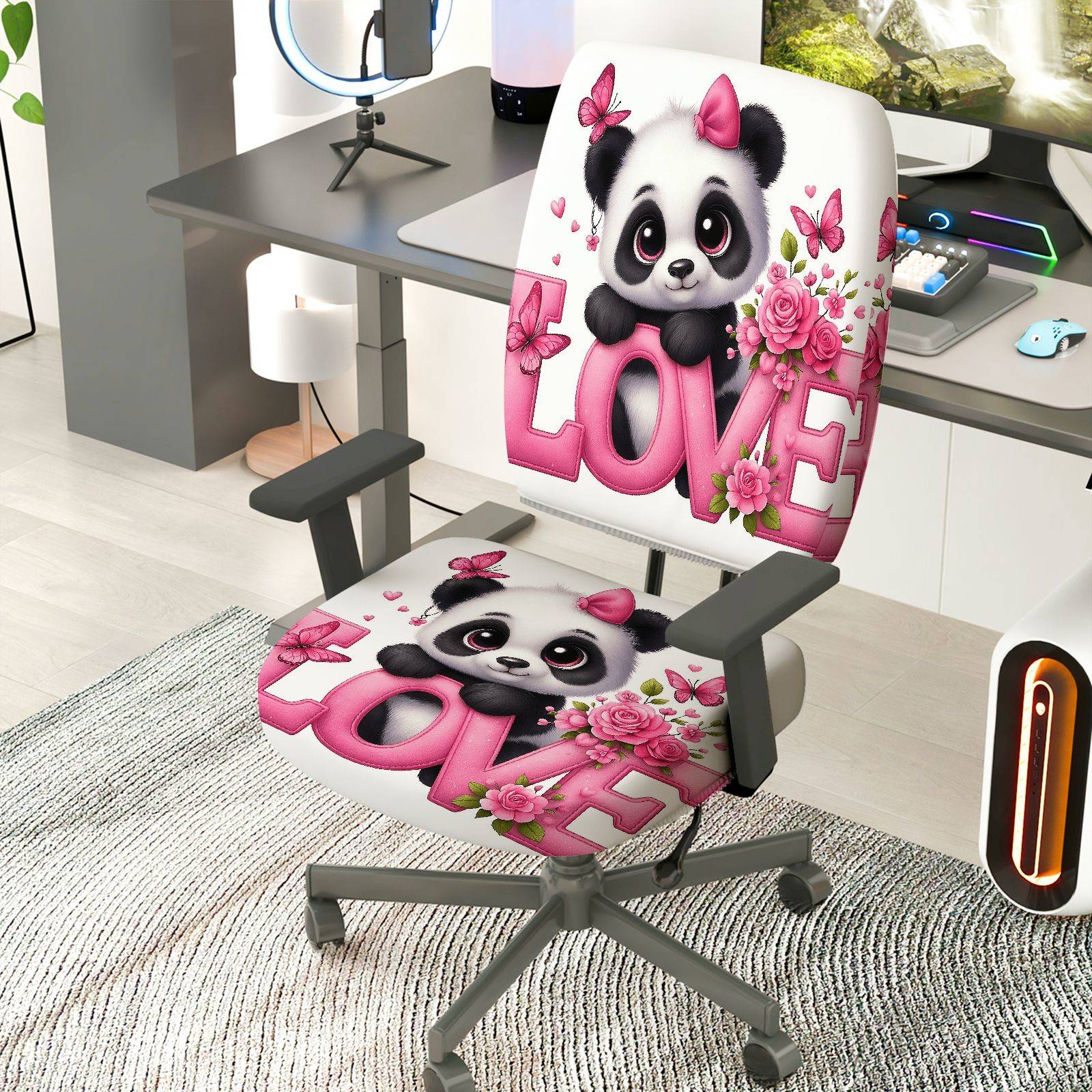 2-Piece Cute Panda Love Pink Floral Butterfly Pattern  Computer Chair Cover Set, Seat and Backrest