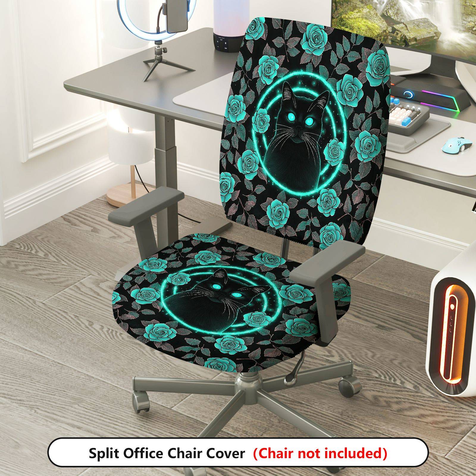 2-Piece Cat Floral Glow Halloween Mystical Enchanted  Computer Chair Cover Set, Seat and Backrest
