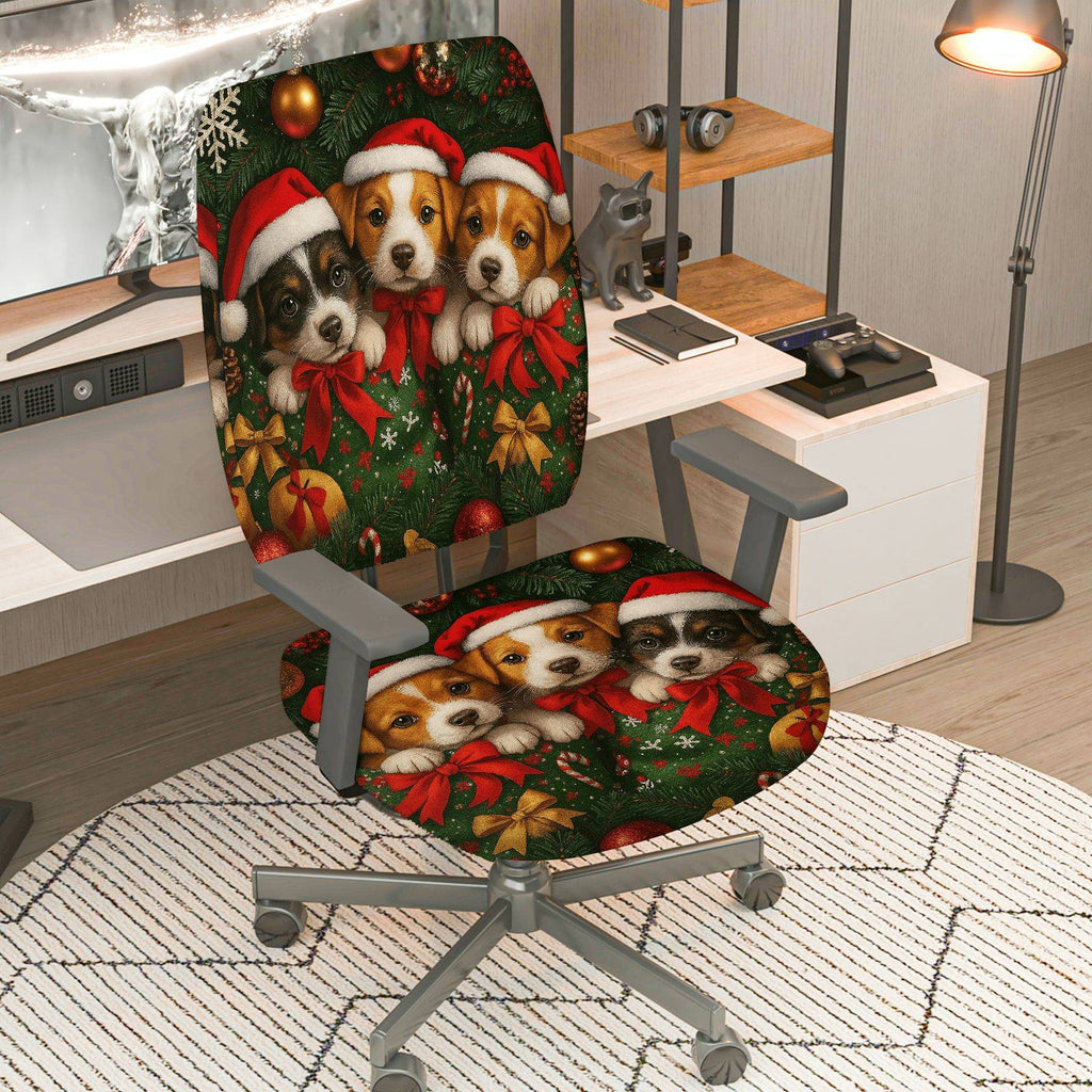2-Piece Christmas Dog Santa Hat Festive Decoration Holiday  Computer Chair Cover Set, Seat and Backrest